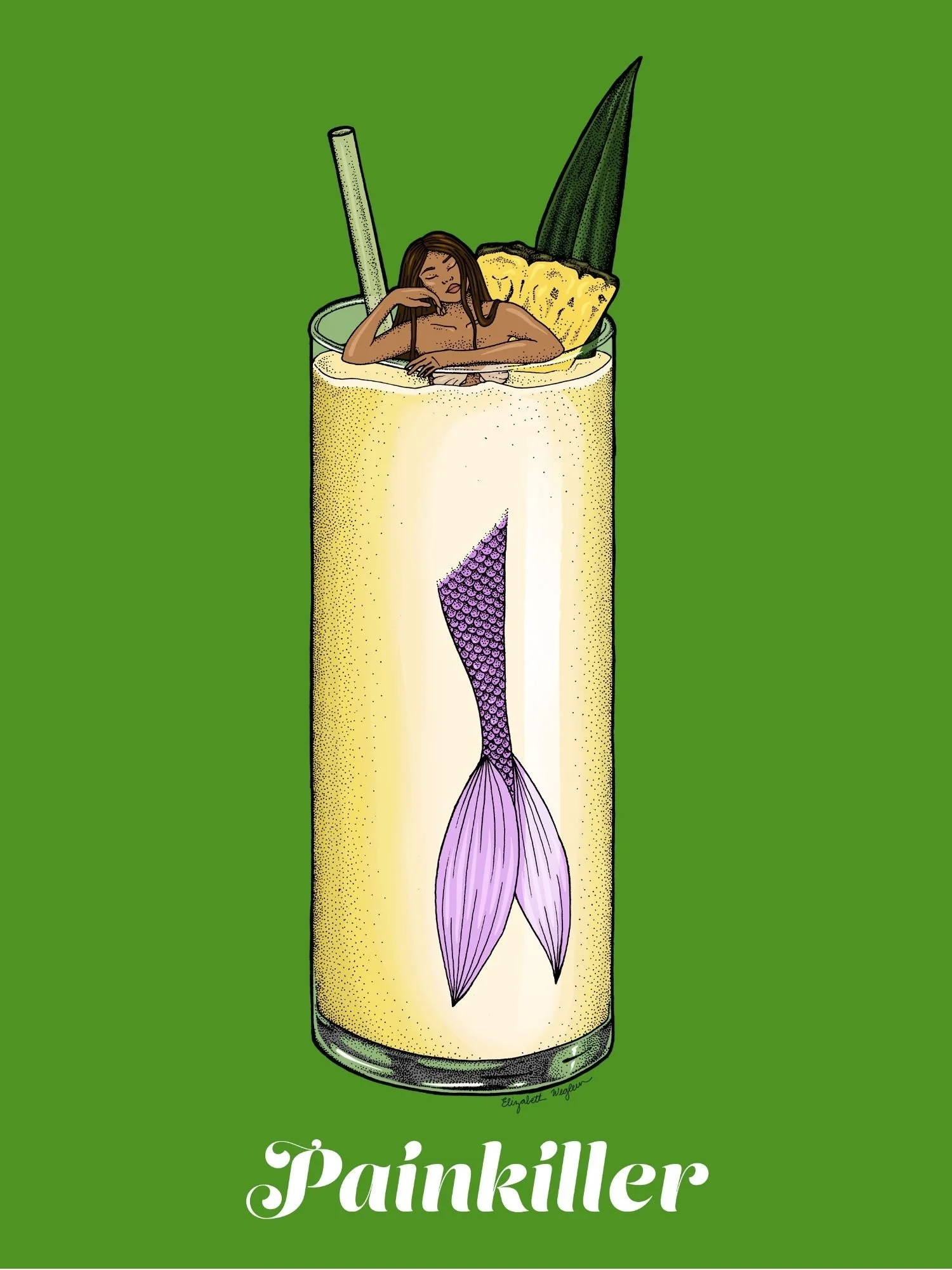 Illustration of a mermaid relaxing in a painkiller cocktail