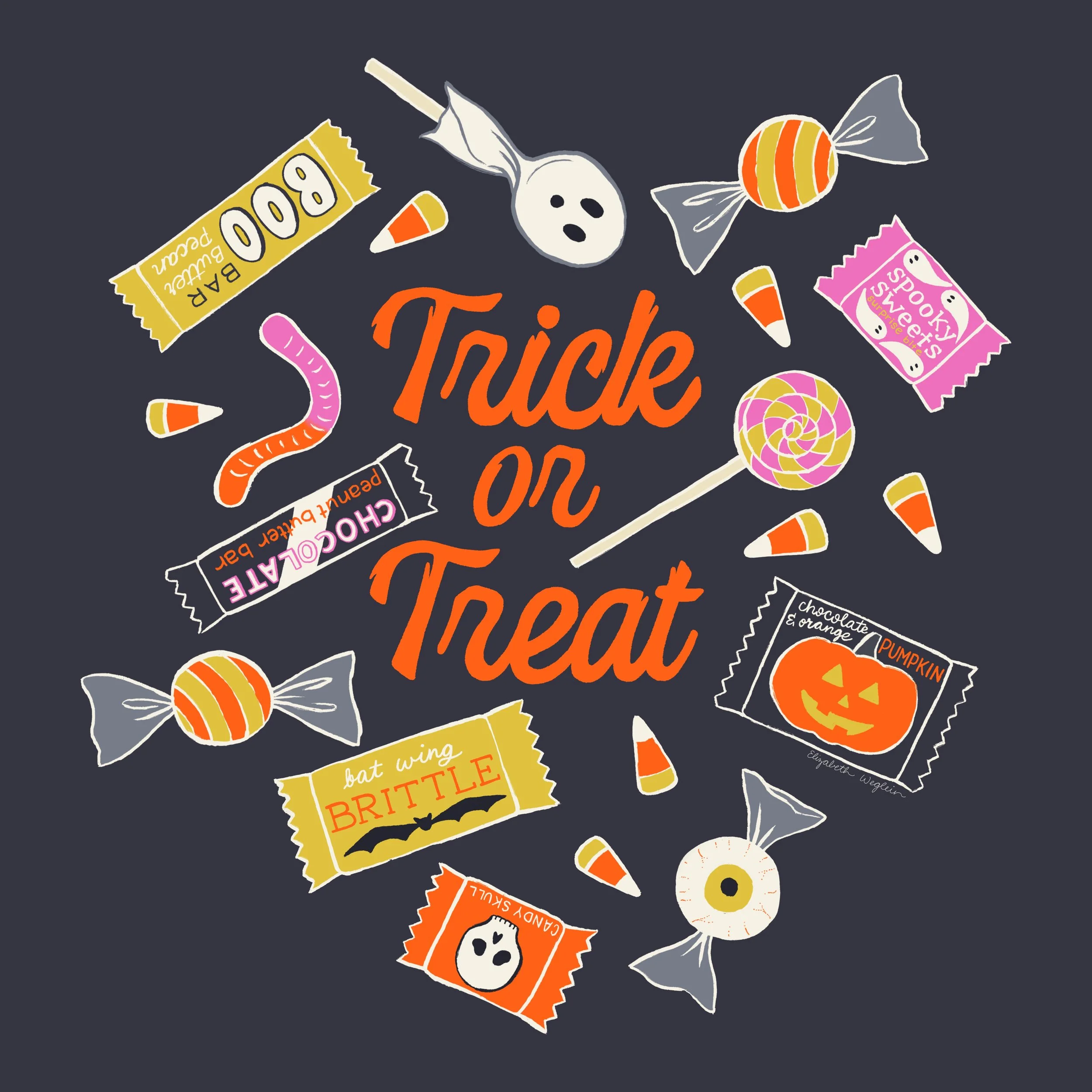 "Trick or Treat" written in orange surrounded by Halloween candy