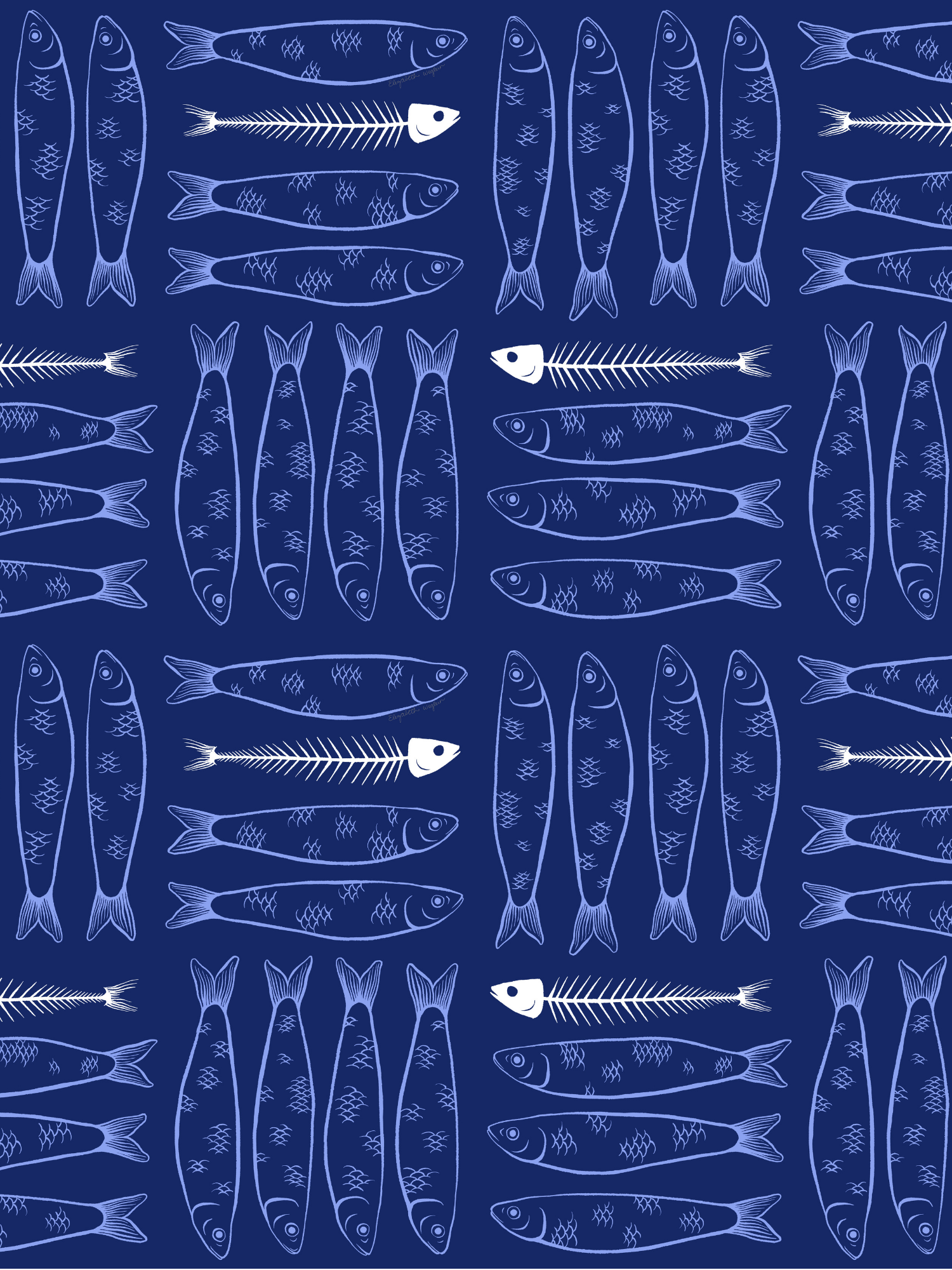 Repeat pattern on navy blue background featuring light blue sardines and white sardine skeletons