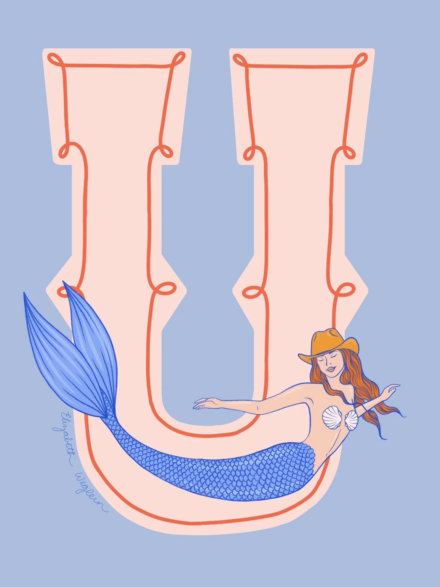 Western letter U with a mermaid in a cowboy hat