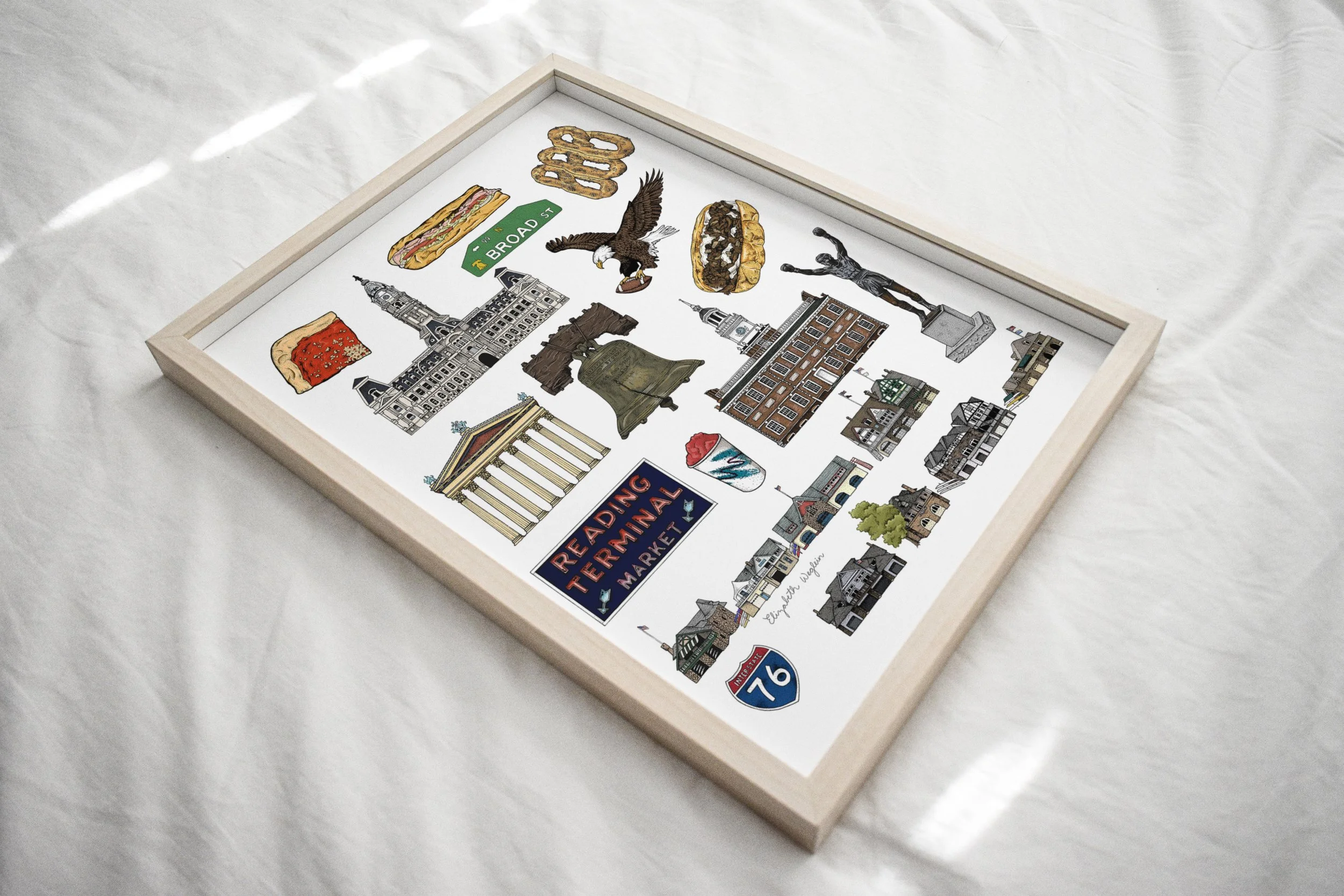 Art print featuring illustration of landmarks, signs, and food from Philadelphia