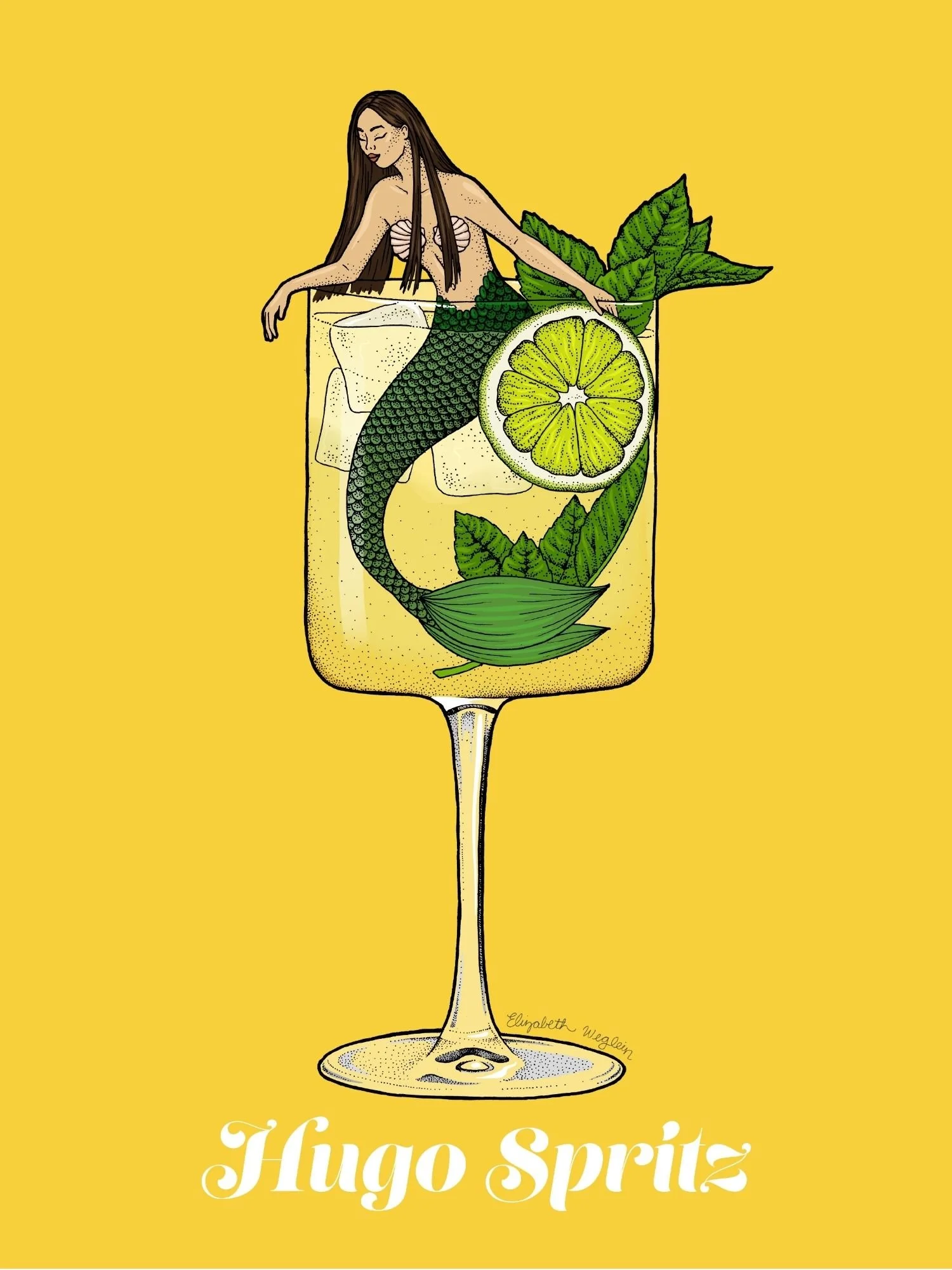 Illustration of a mermaid relaxing in a hugo spritz