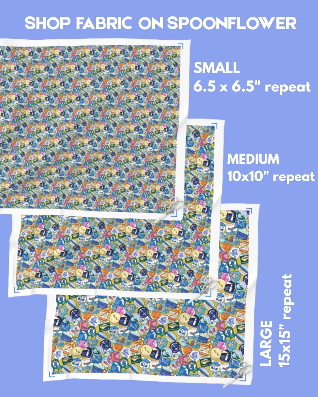 Examples of the pattern scales offered for the beach tag series on Spoonflower
