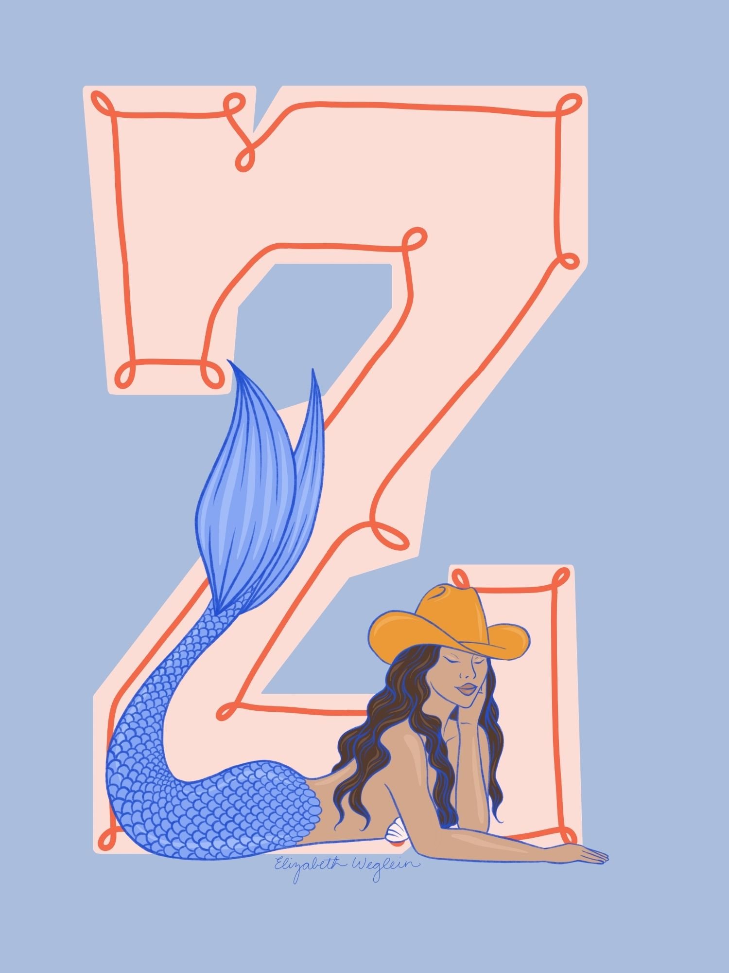 Western letter Z with a mermaid in a cowboy hat