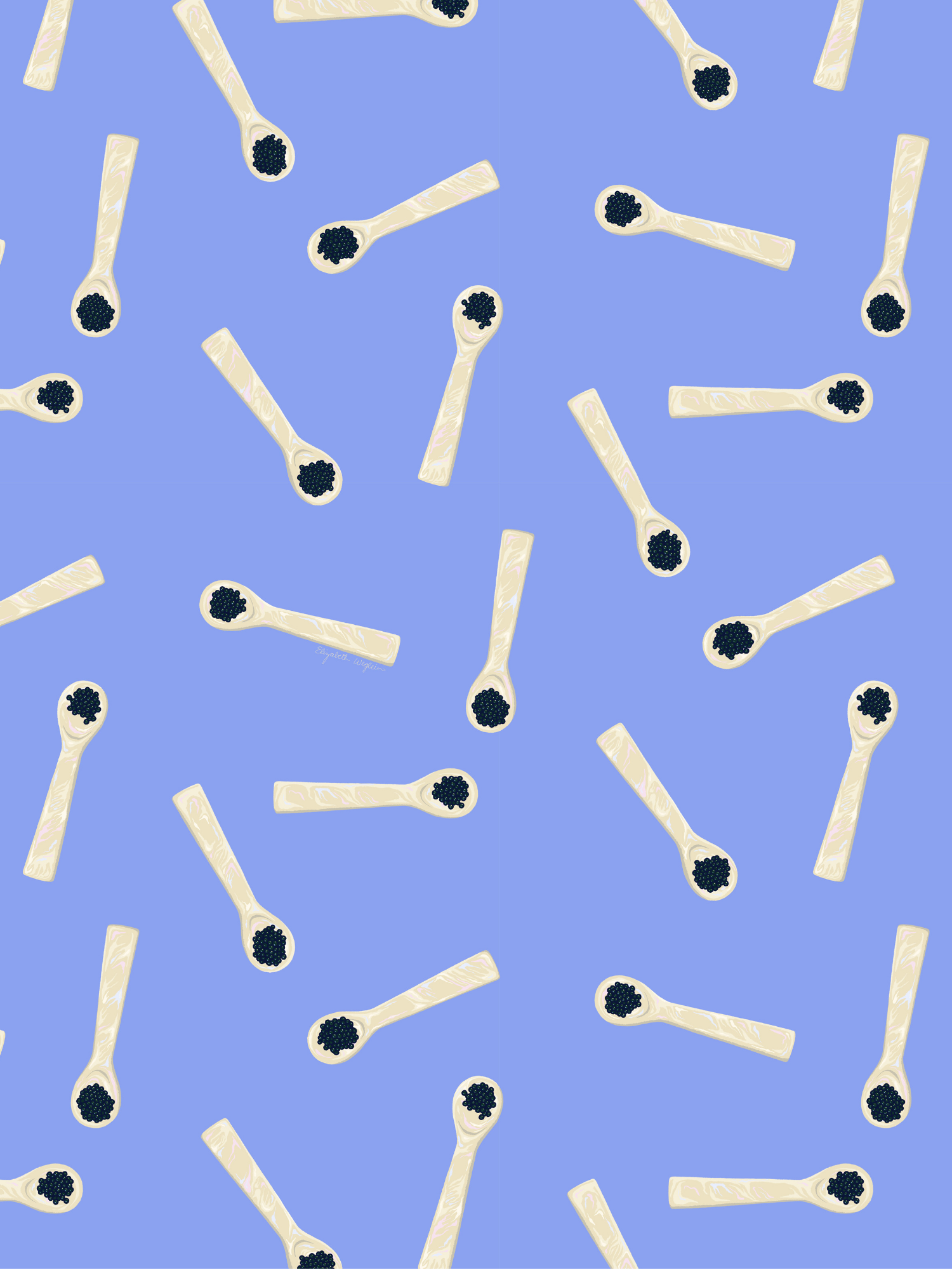 Pattern of mother of pearl spoons with caviar on a periwinkle background