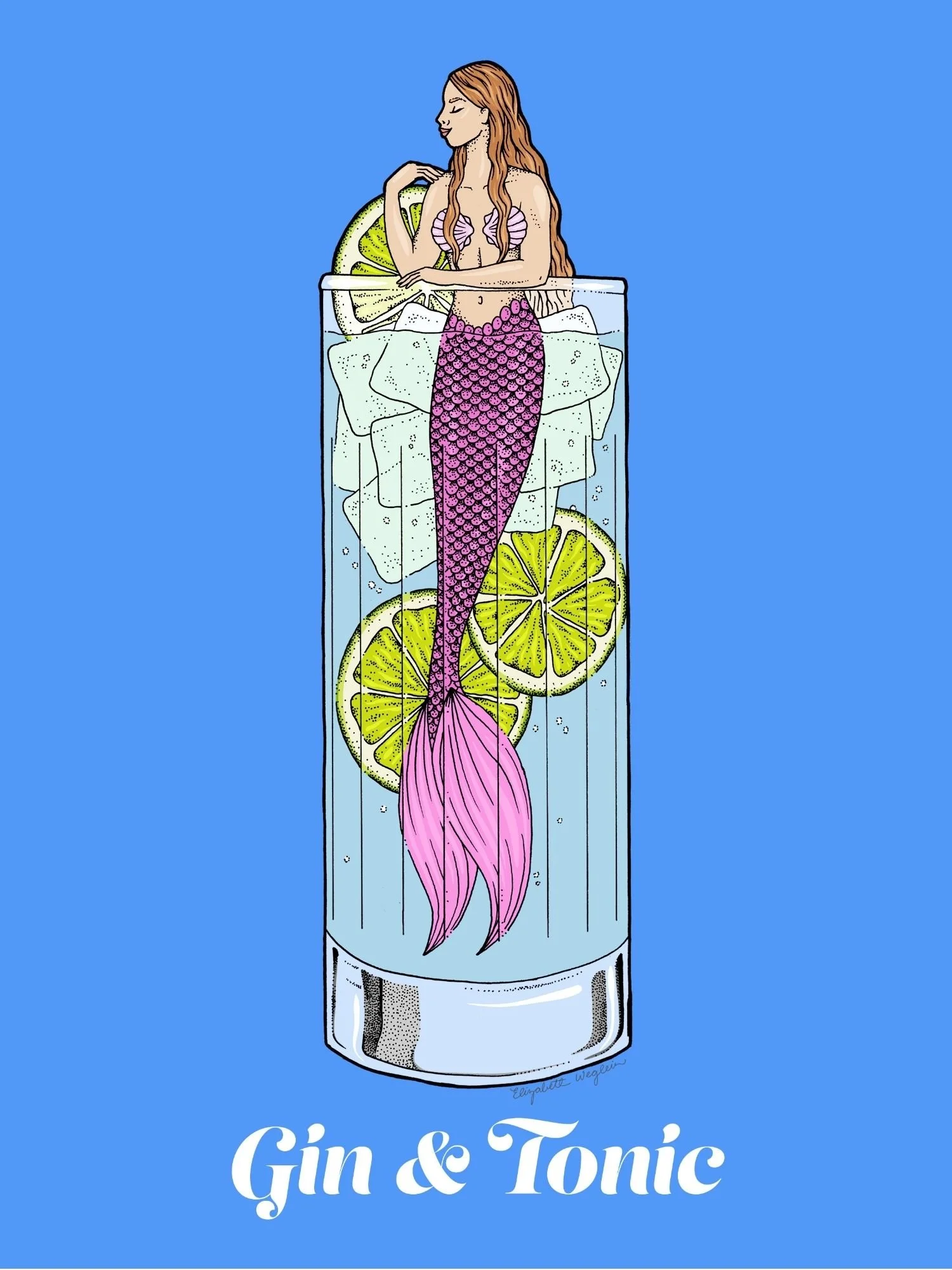 Illustration of a mermaid relaxing in a gin & tonic