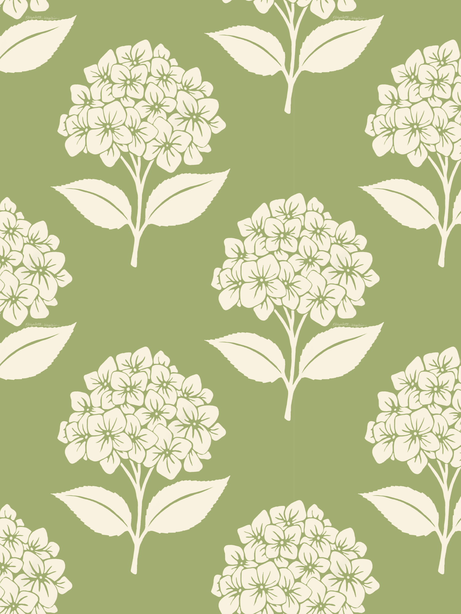 Pattern of cream colored hydrangea blooms on a light green background
