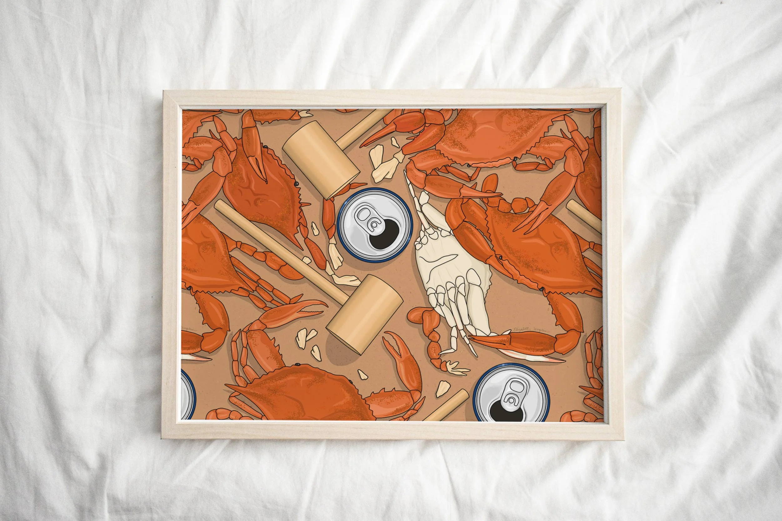 Illustrated art print of a traditional feast of Maryland steamed blue crabs with crab mallets and beer cans