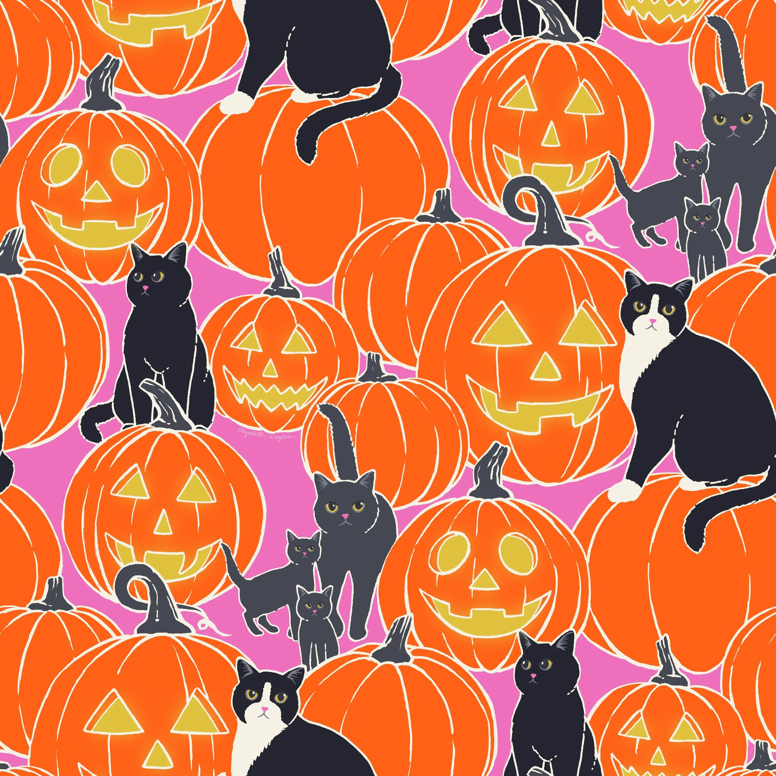 Repeat pattern featuring jack-o-lanterns and cats on a pink background