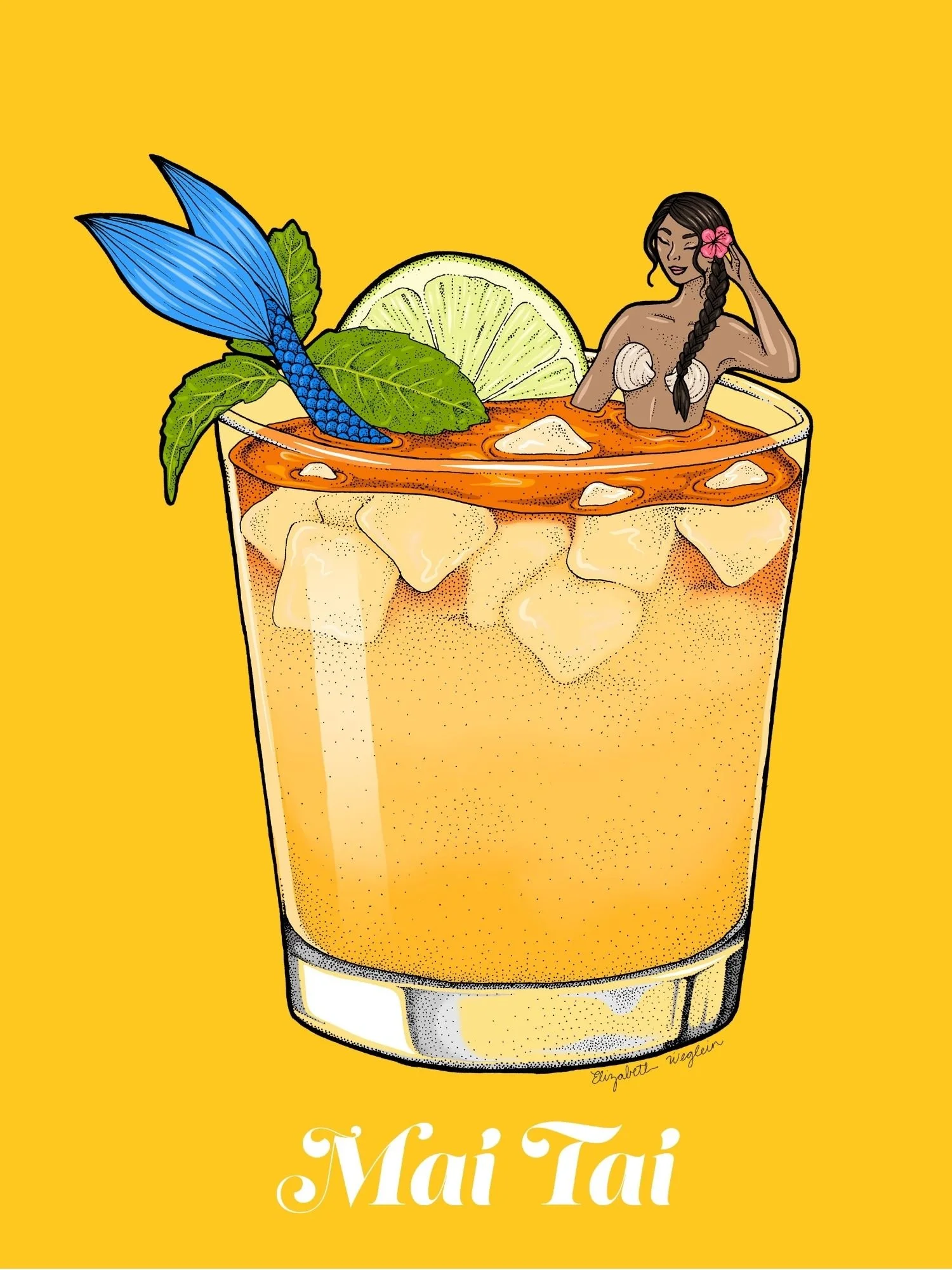 Illustration of a mermaid relaxing in a mai tai