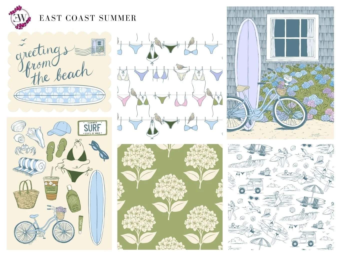 Illustration collection featuring motifs of a summer on Nantucket like hydrangeas, surfboards, bikes, bikinis, and more