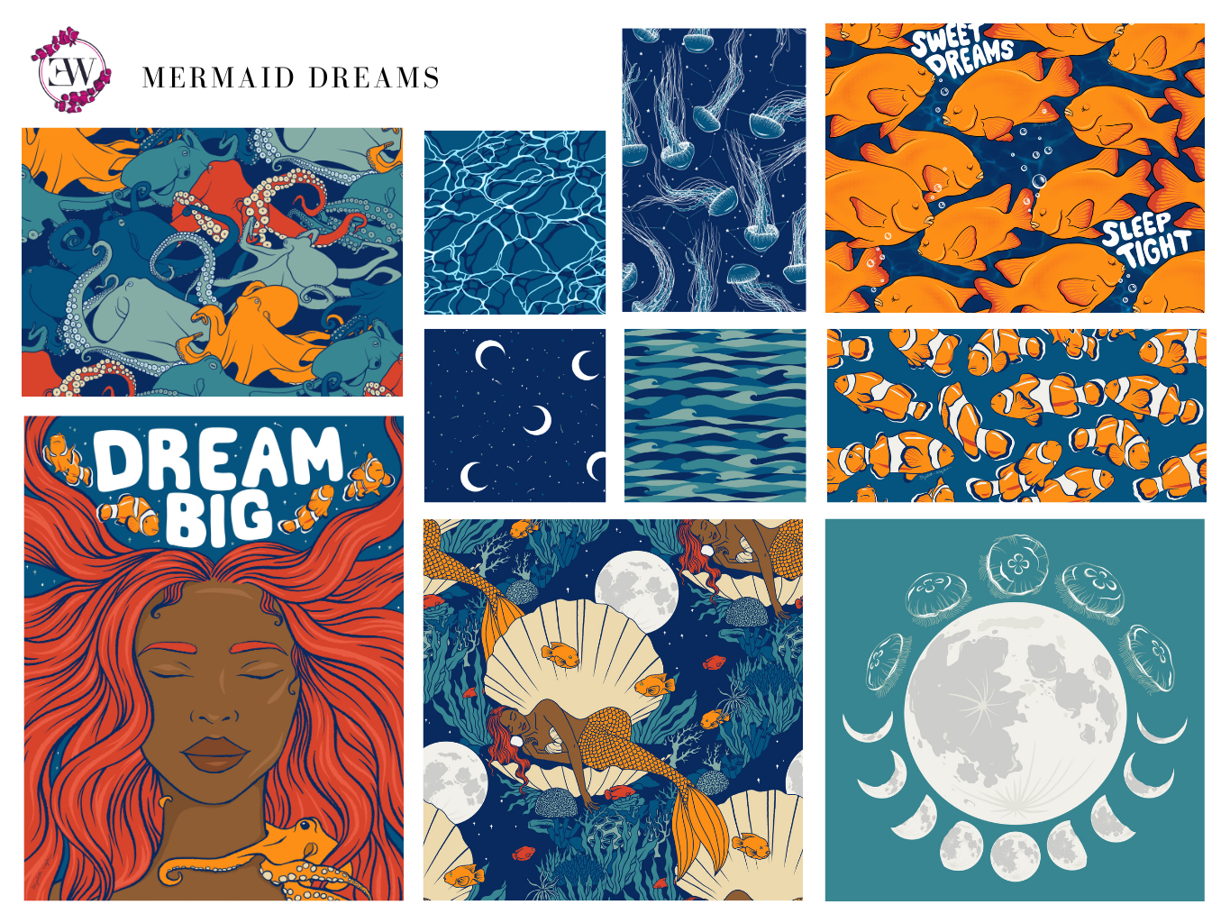 Illustration and pattern collection of mermaids and marine life in shades of blue, orange, and red