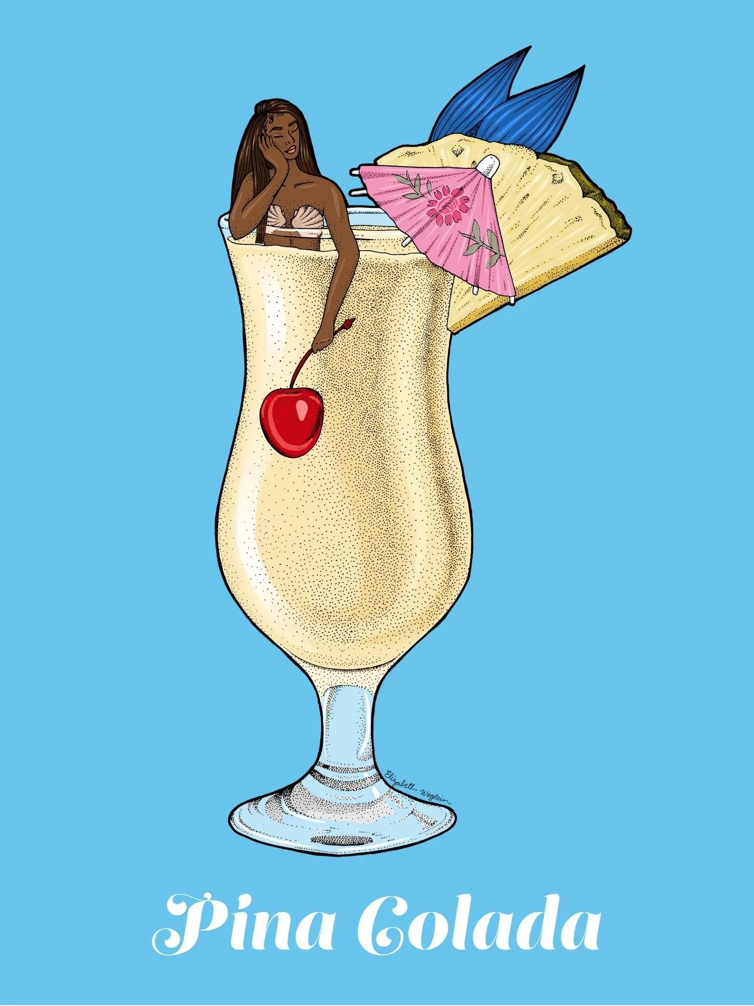Illustration of a mermaid relaxing in a pina colada