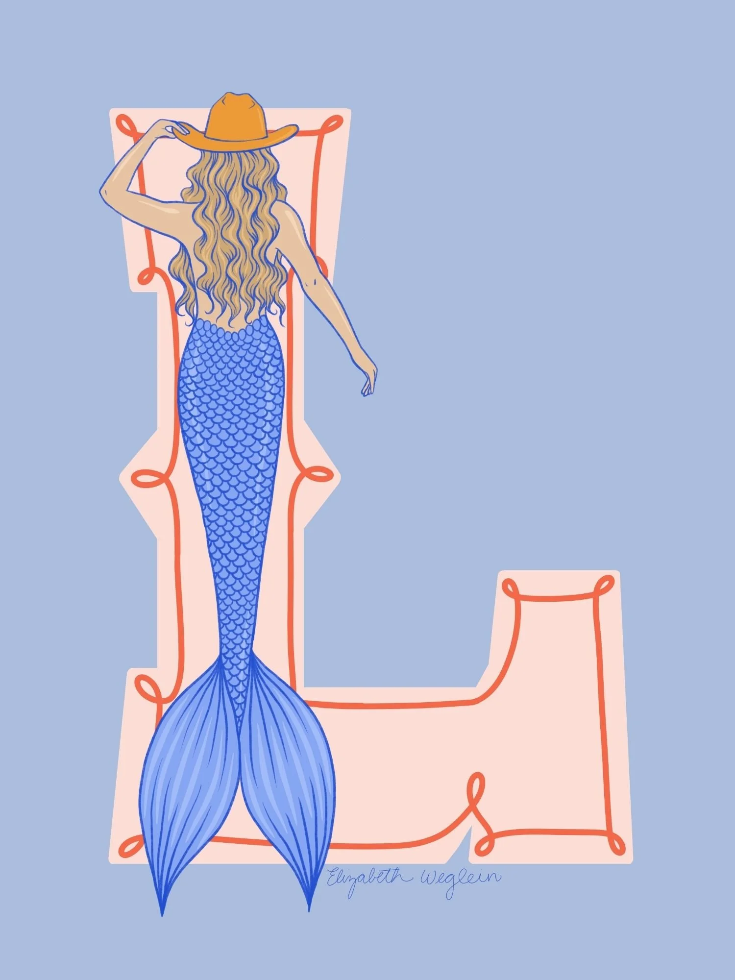 Western letter K with a mermaid in a cowboy hat