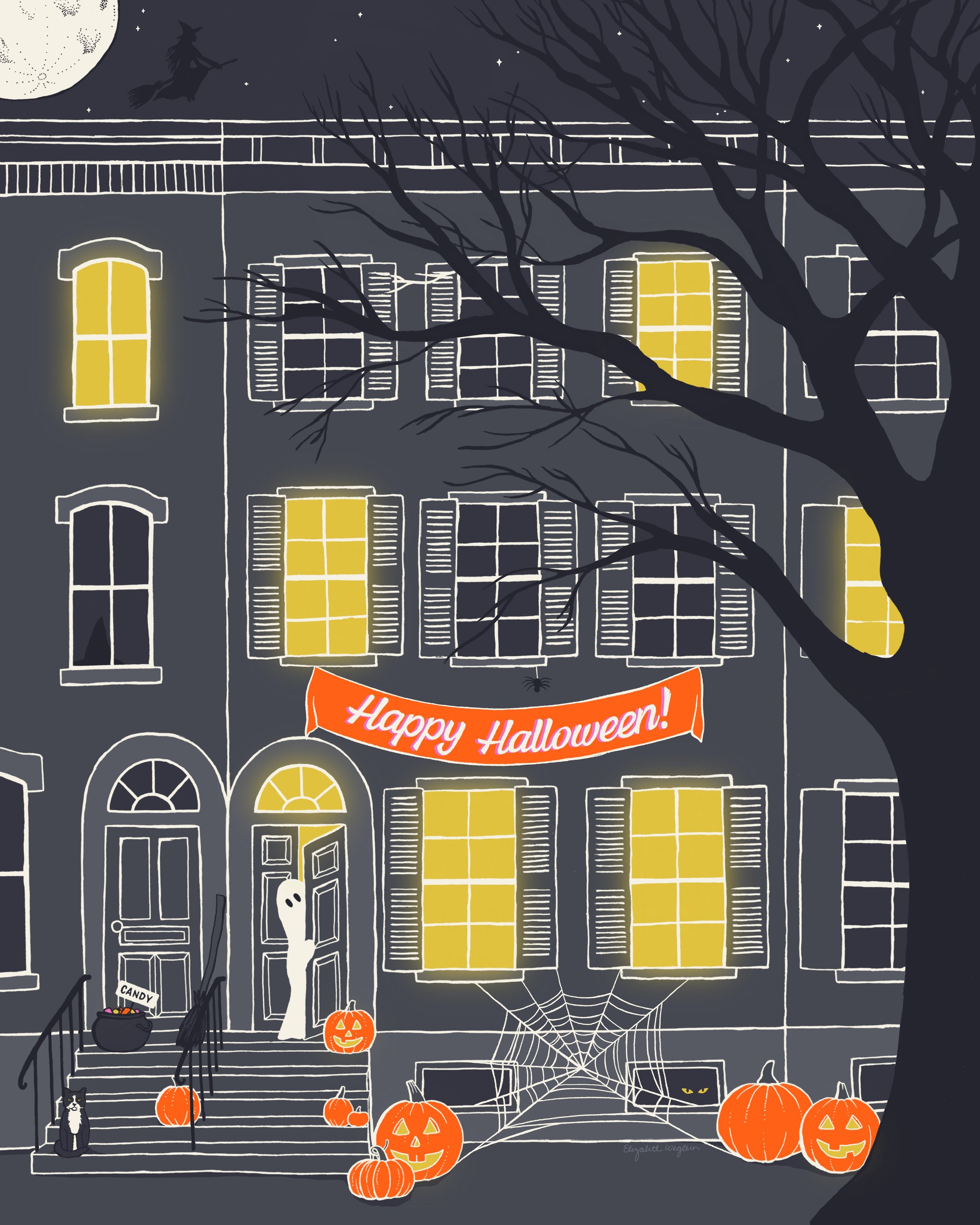 Illustration of large city townhouses decorated for Halloween with a ghost peaking out the door