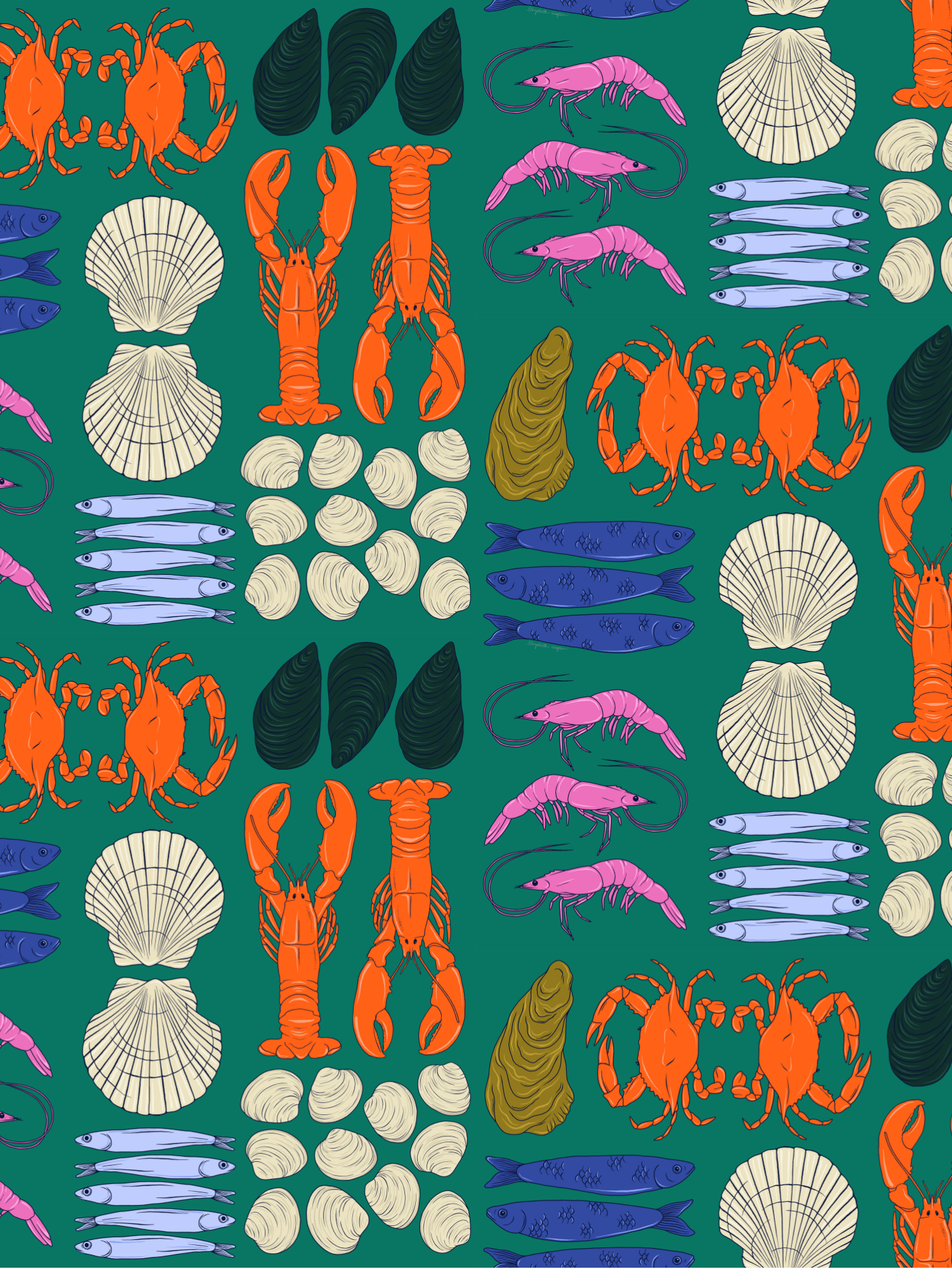 Repeat pattern on teal background featuring lobster, shrimp, mussels, clams, sardines, and scallop shells