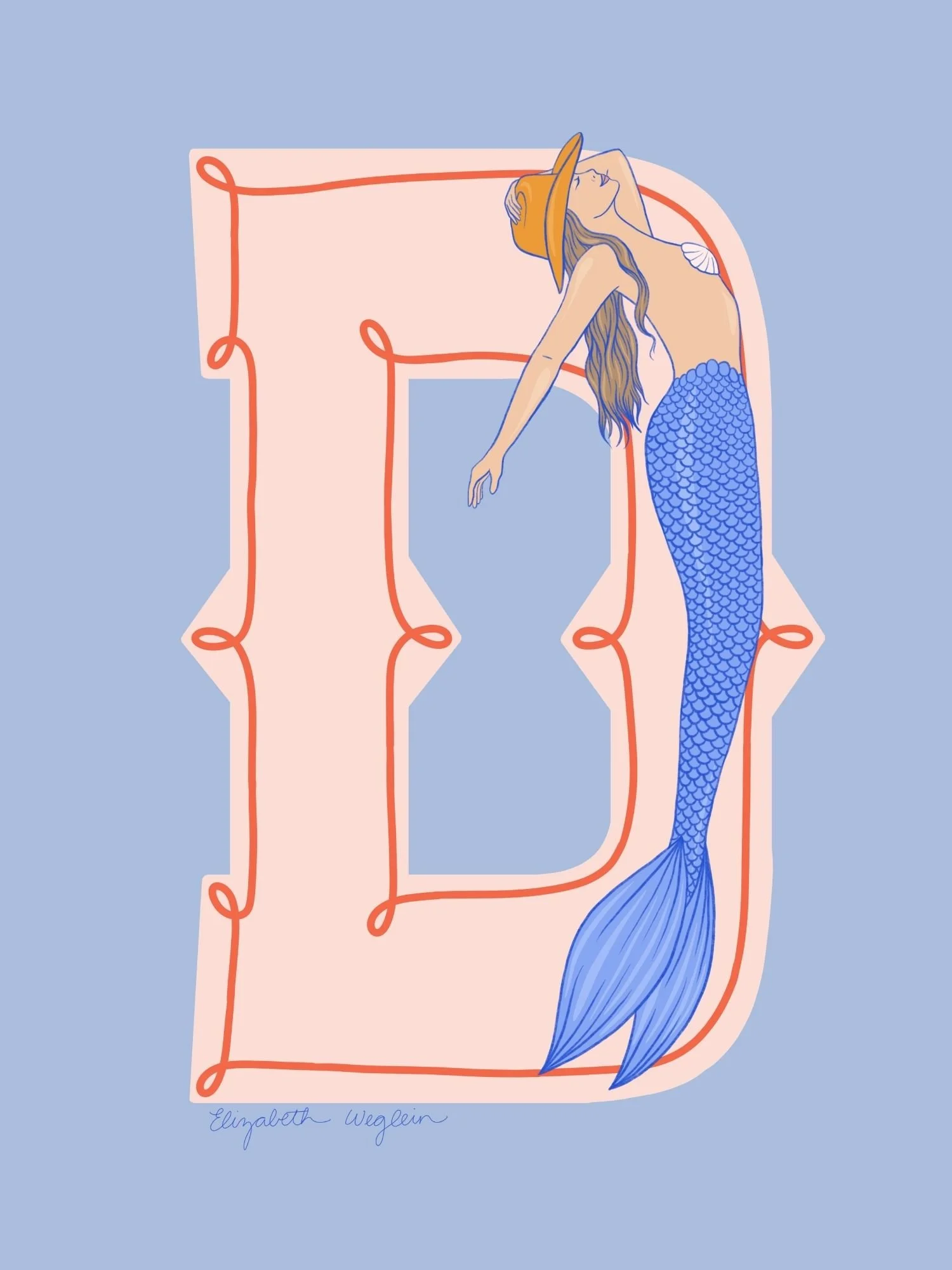 Western letter D with a mermaid in a cowboy hat