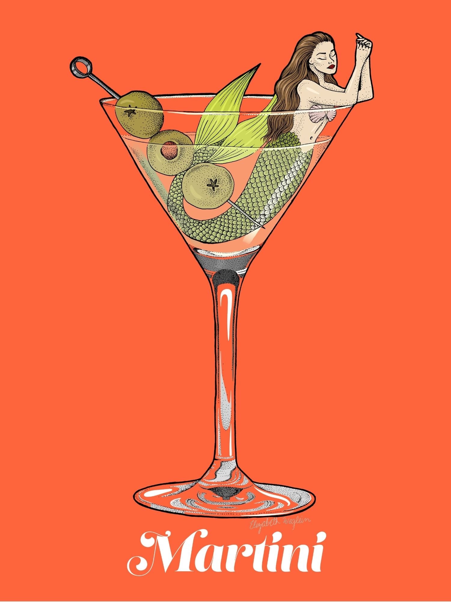 Illustration of a mermaid relaxing in a dirty martini