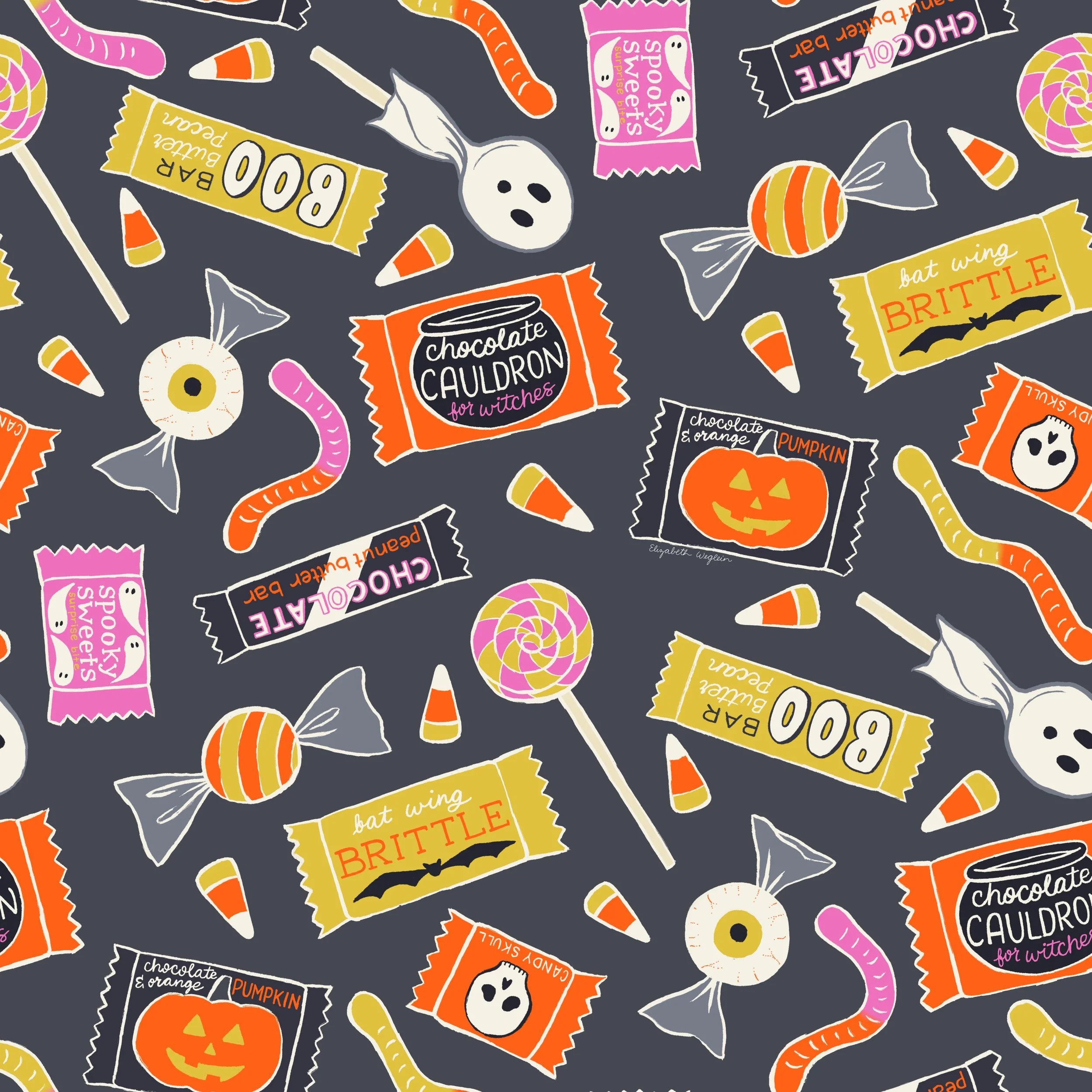 Repeat illustration of Halloween candy like lollipops, candy corn, chocolate bars, and more