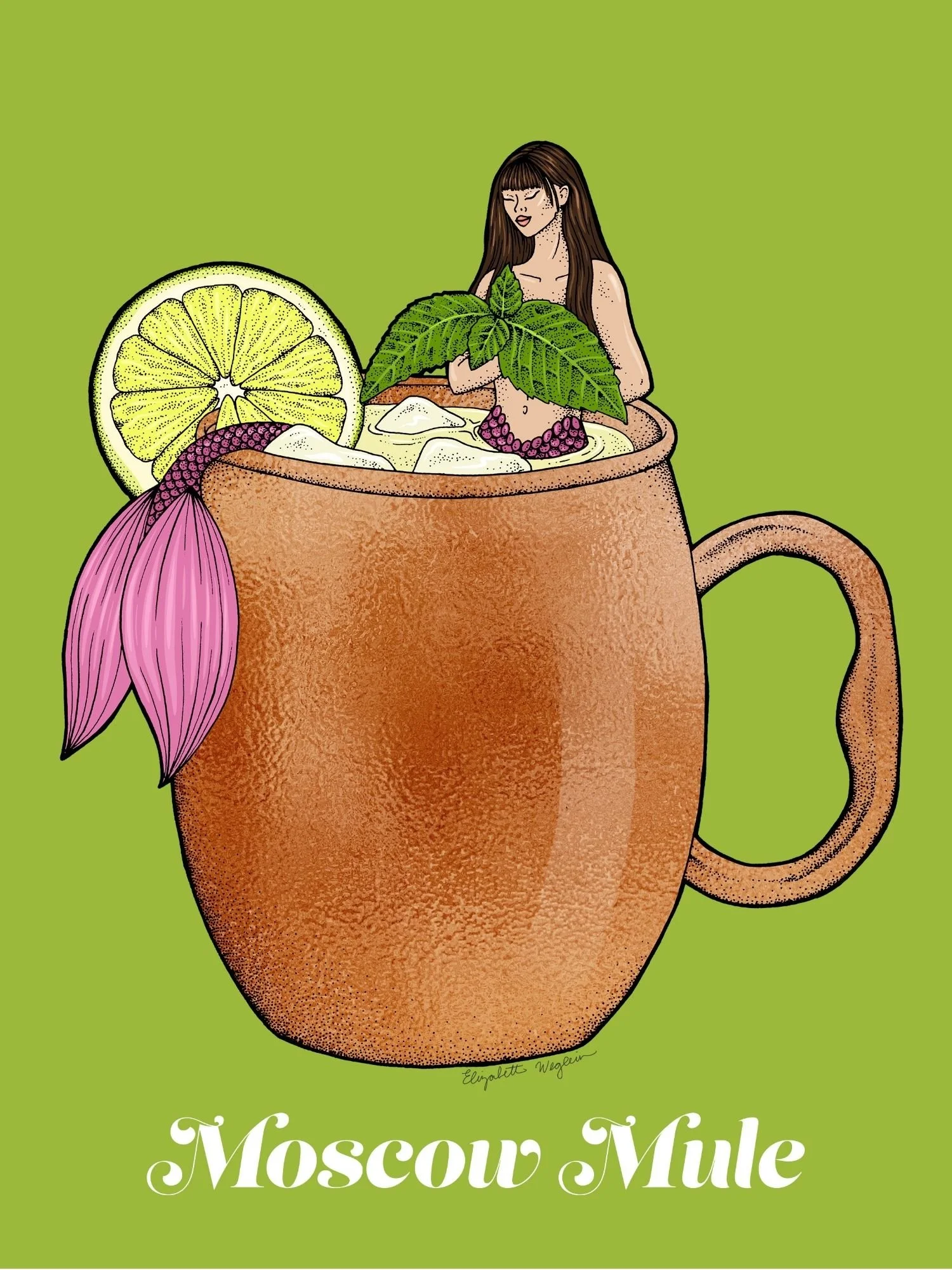 Illustration of a mermaid relaxing in a moscow mule