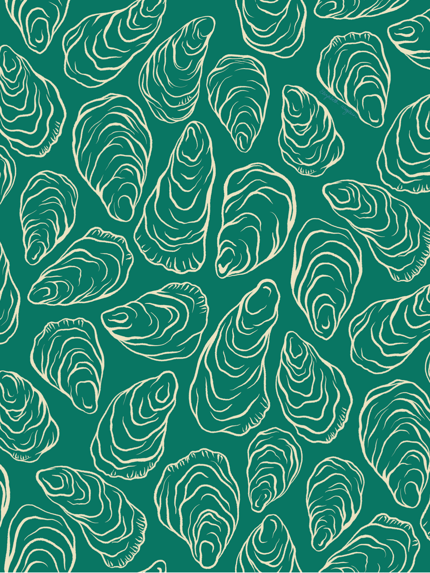 Repeat pattern of oysters outlined in cream color on teal background