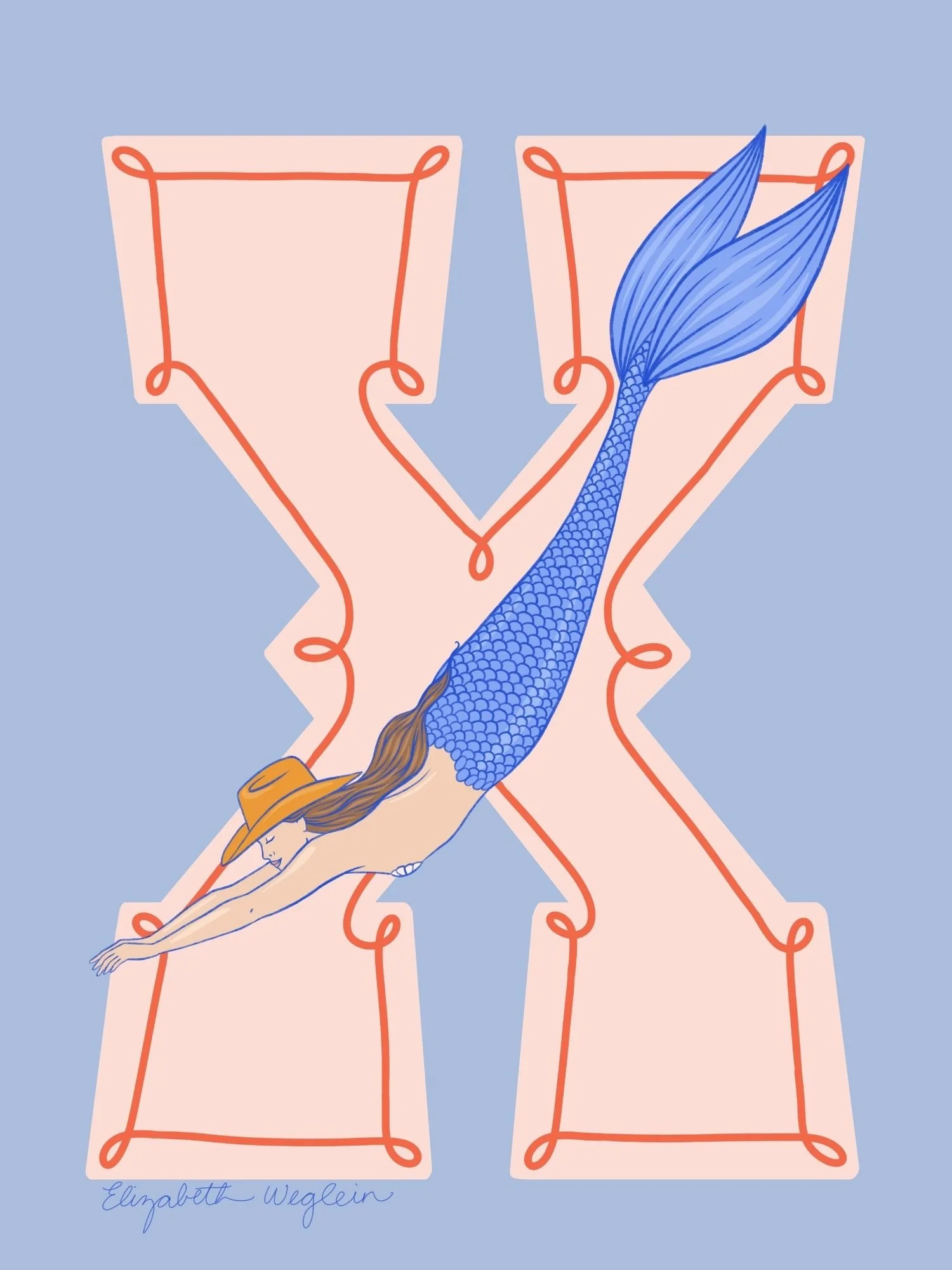 Western letter X with a mermaid in a cowboy hat
