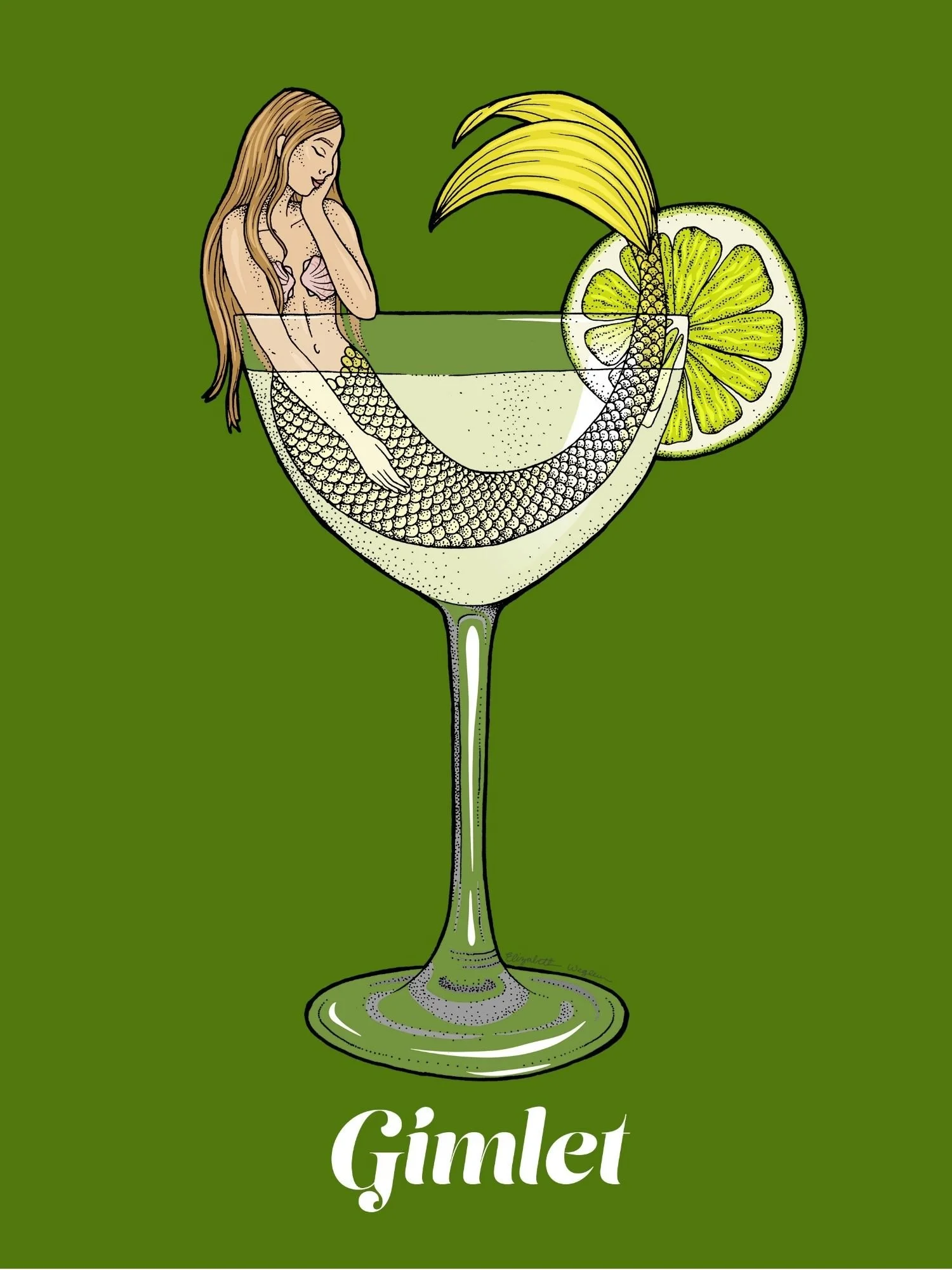 Illustration of a mermaid relaxing in a gimlet