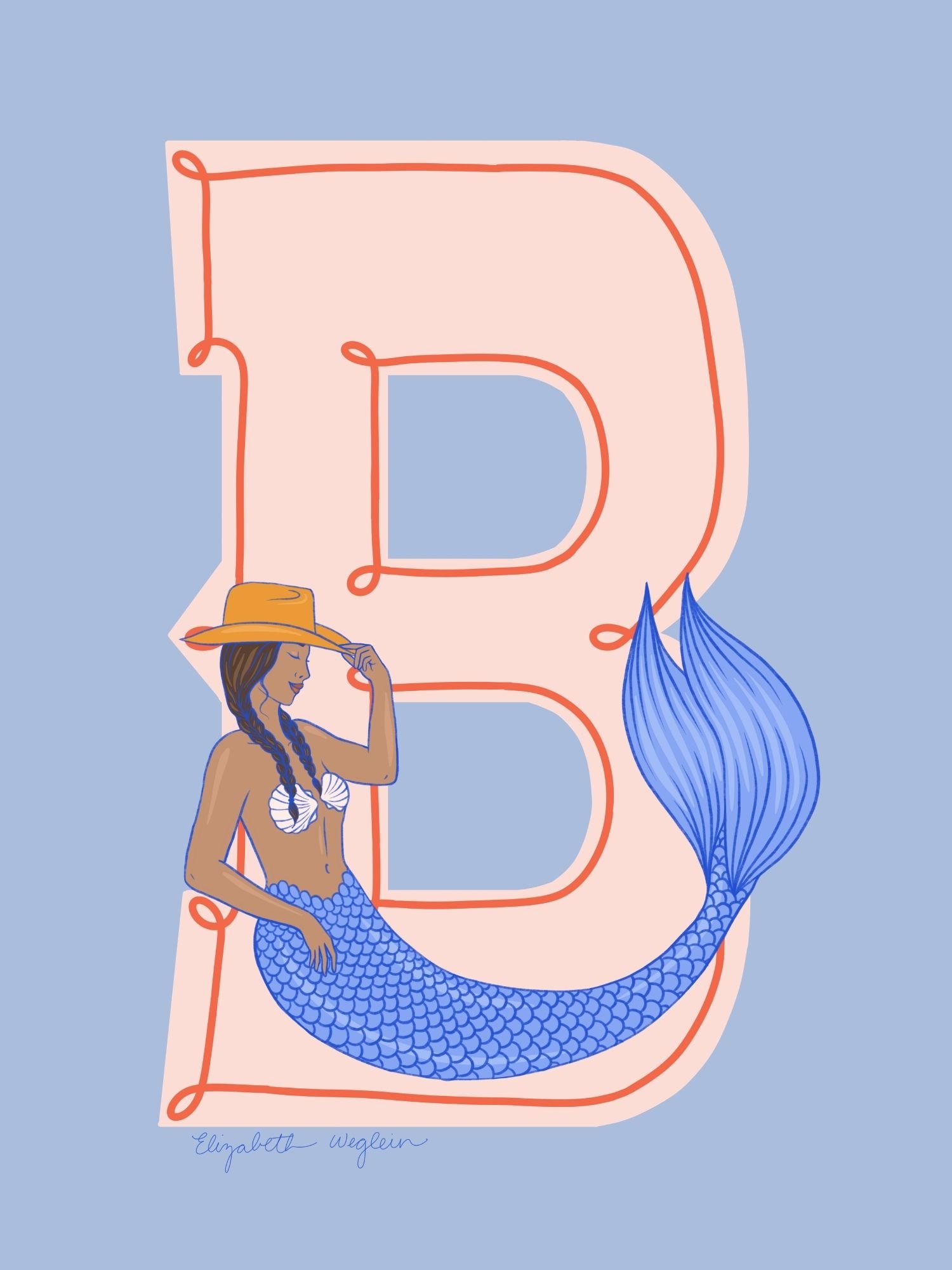 Western letter B with a mermaid in a cowboy hat