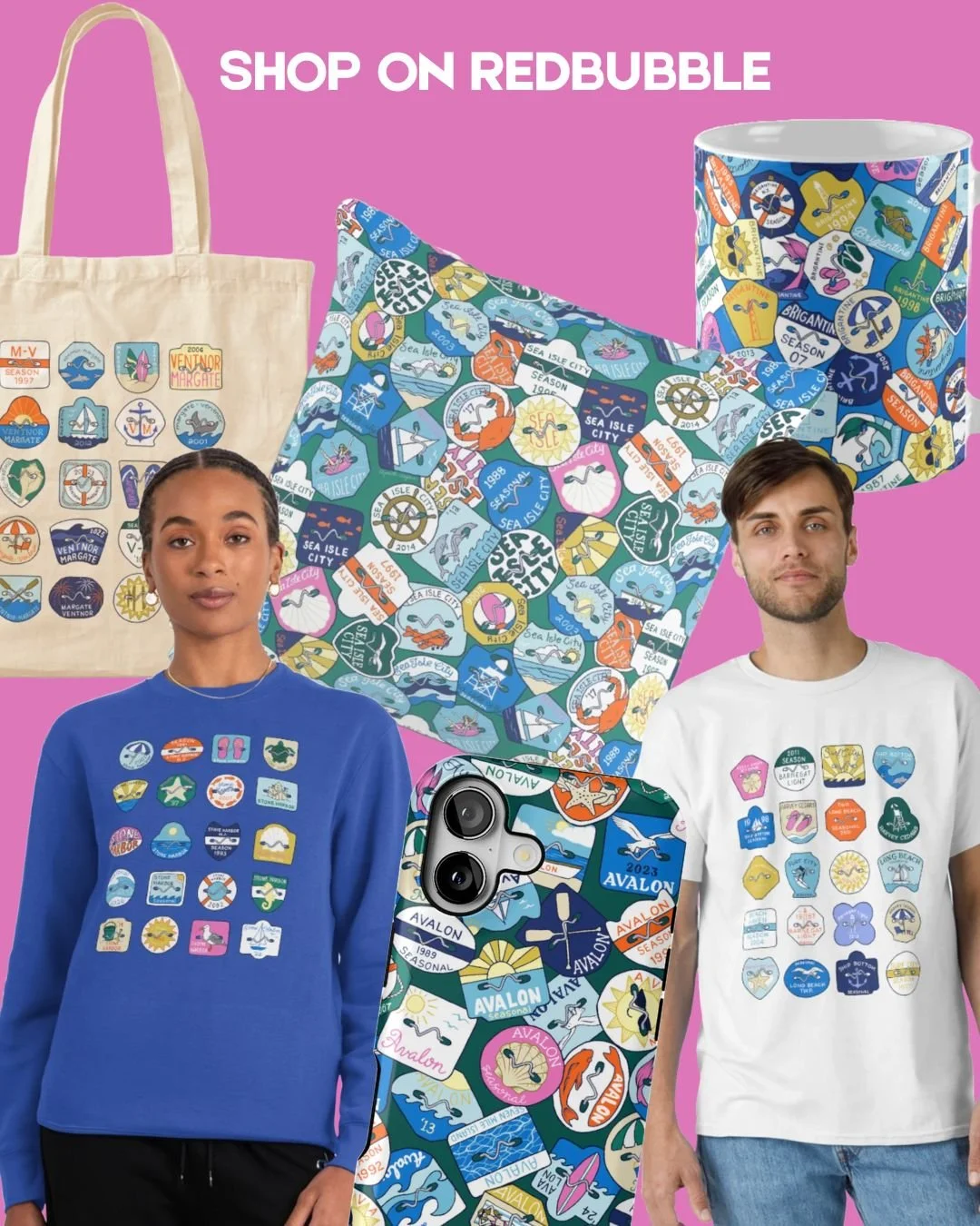 Examples of RedBubble products with beach tag illustrations printed on them