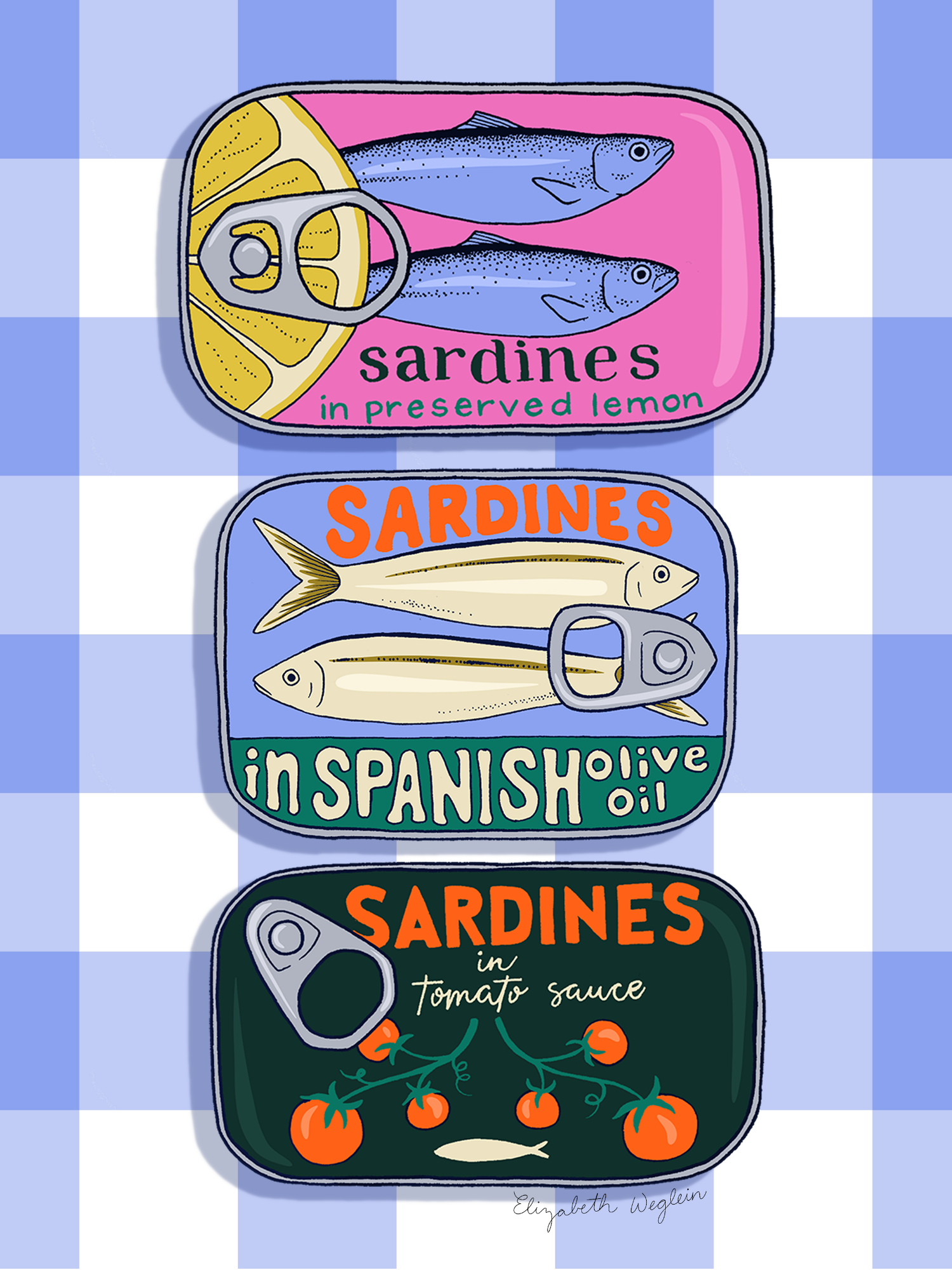Illustration of 3 sardine tins on periwinkle gingham background