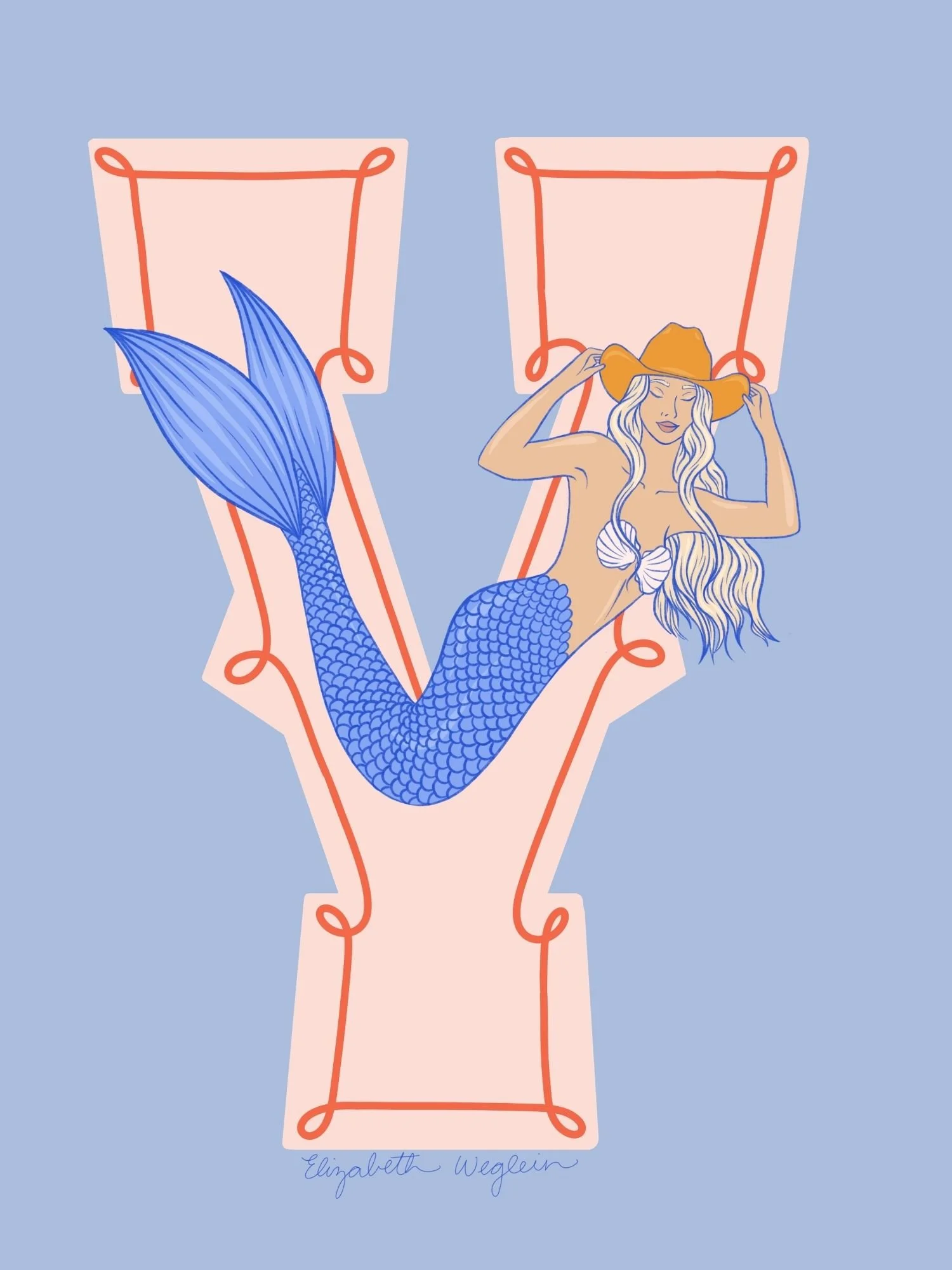 Western letter V with a mermaid in a cowboy hat