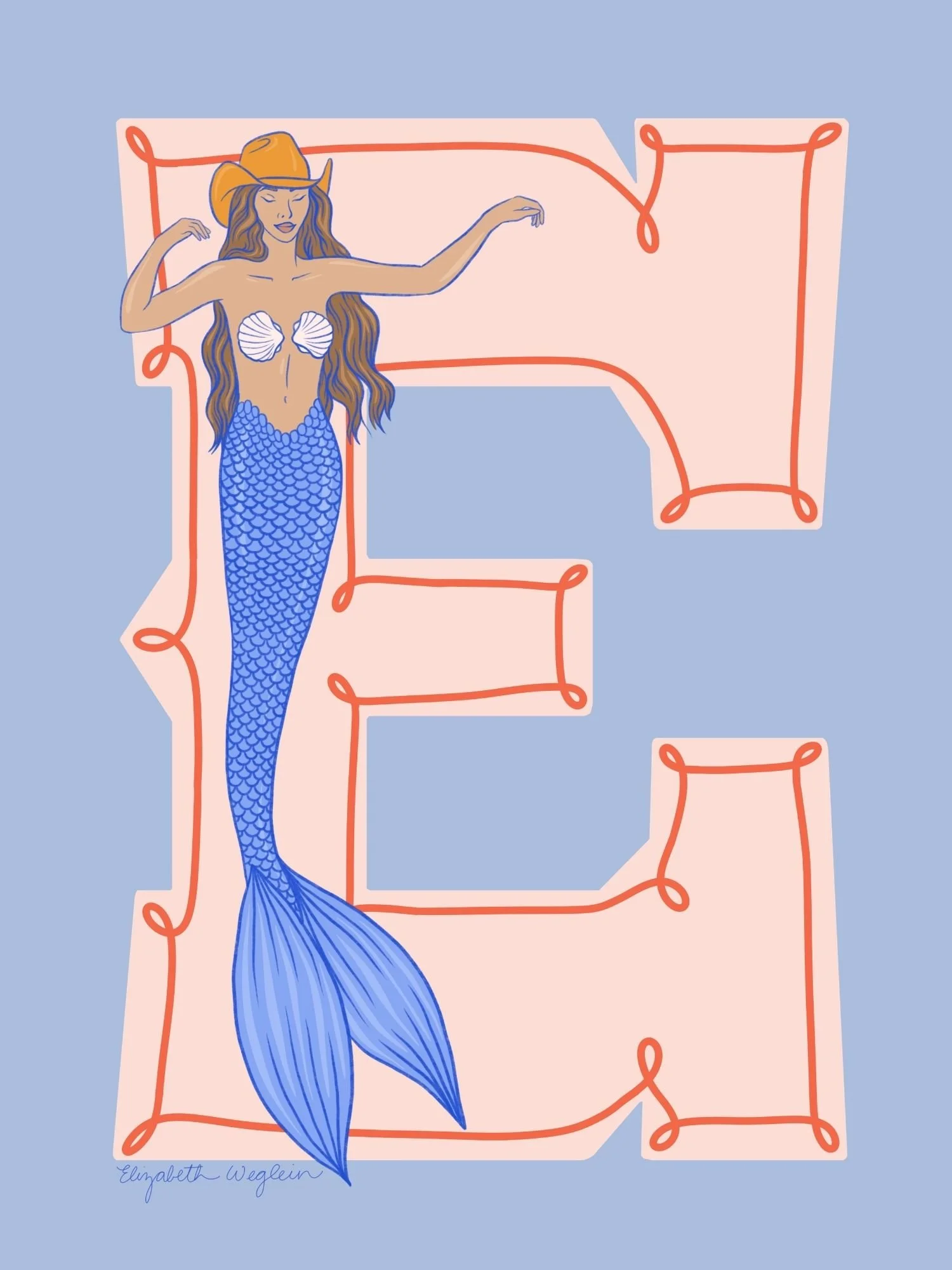 Western letter E with a mermaid in a cowboy hat