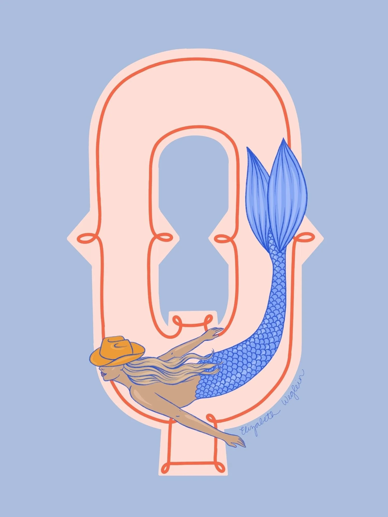Western letter Q with a mermaid in a cowboy hat