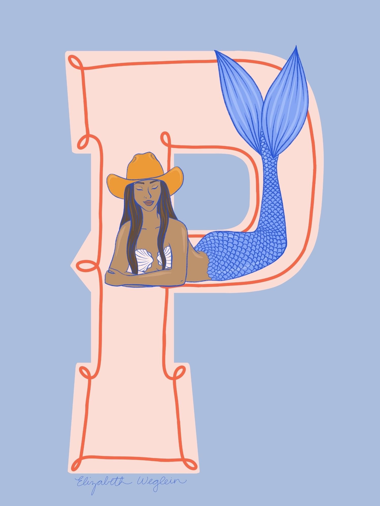 Western letter P with a mermaid in a cowboy hat