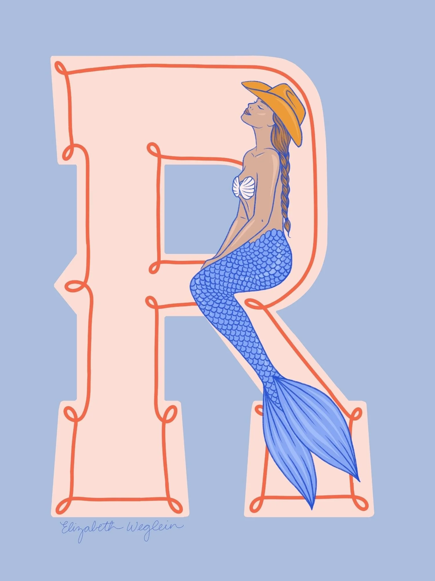 Western letter R with a mermaid in a cowboy hat