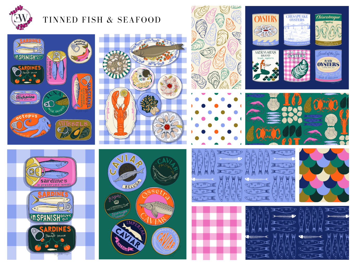 Illustration and pattern collection featuring tinned fish, caviar, and plates of seafood