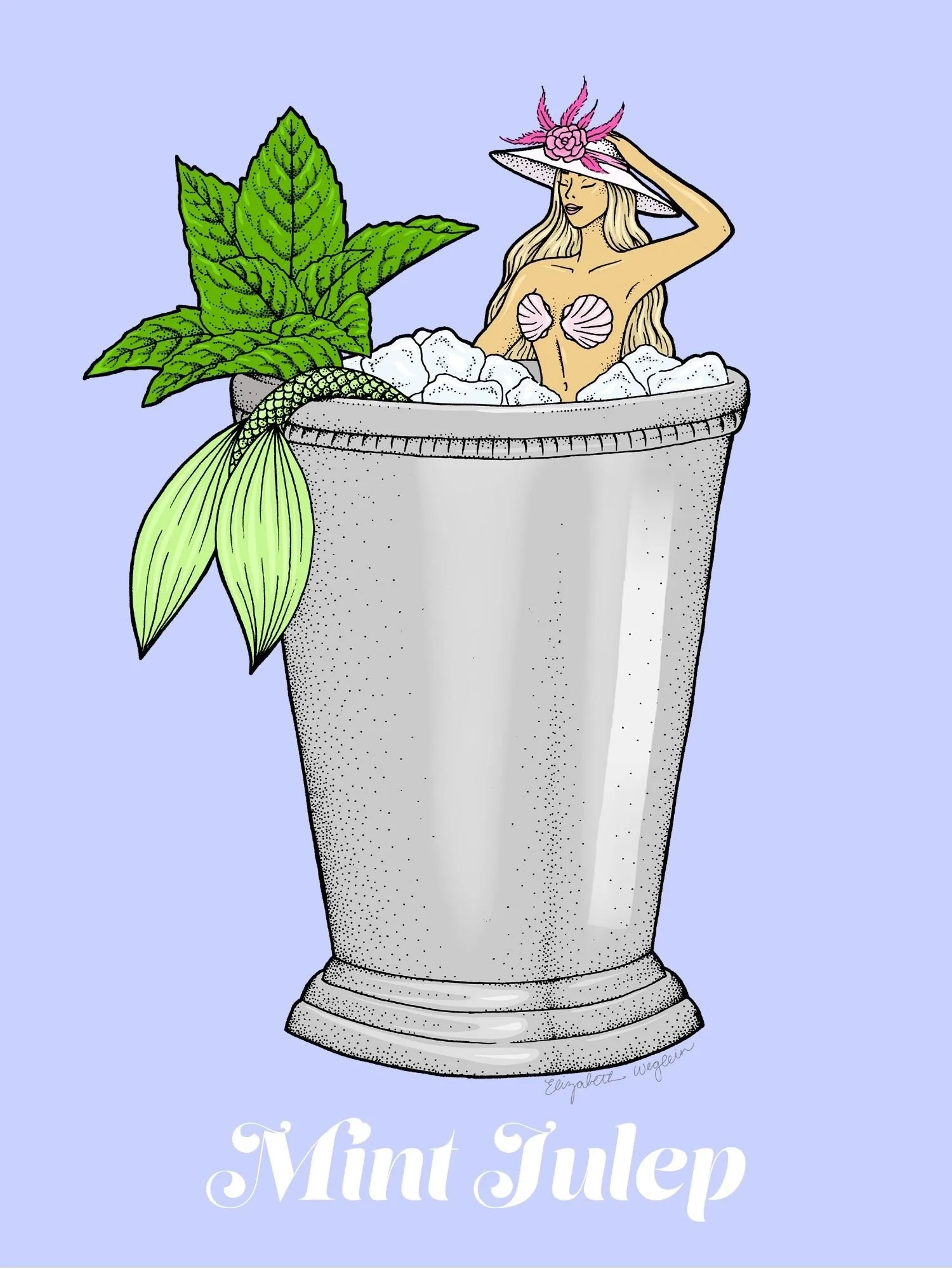 Illustration of a mermaid relaxing in a mint julep