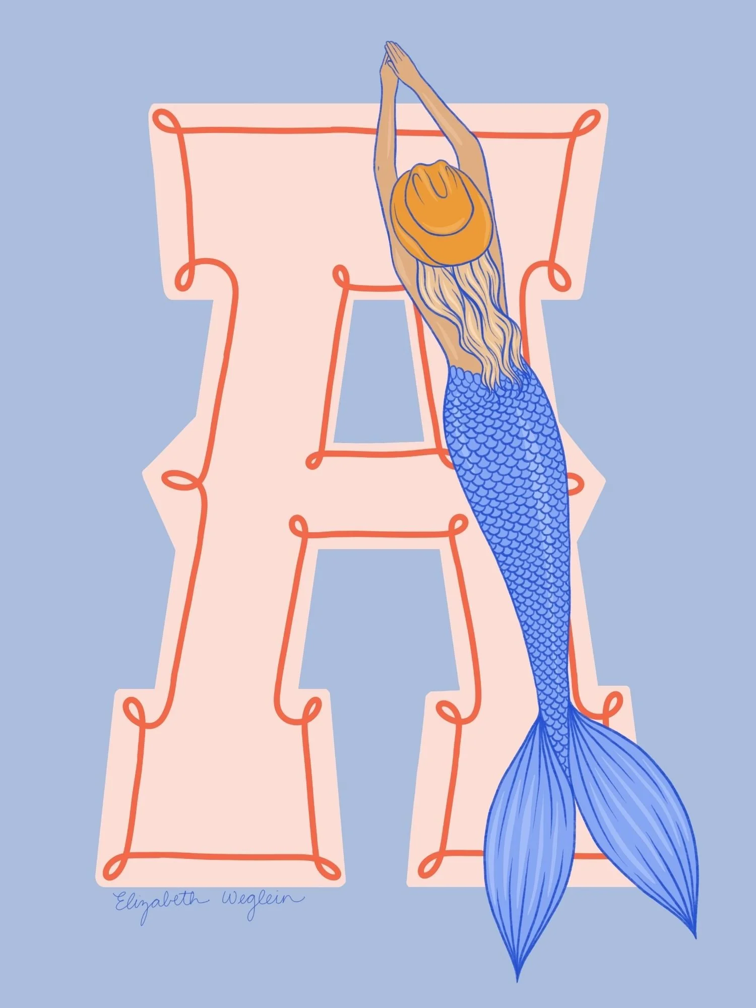 Western letter A with a mermaid in a cowboy hat