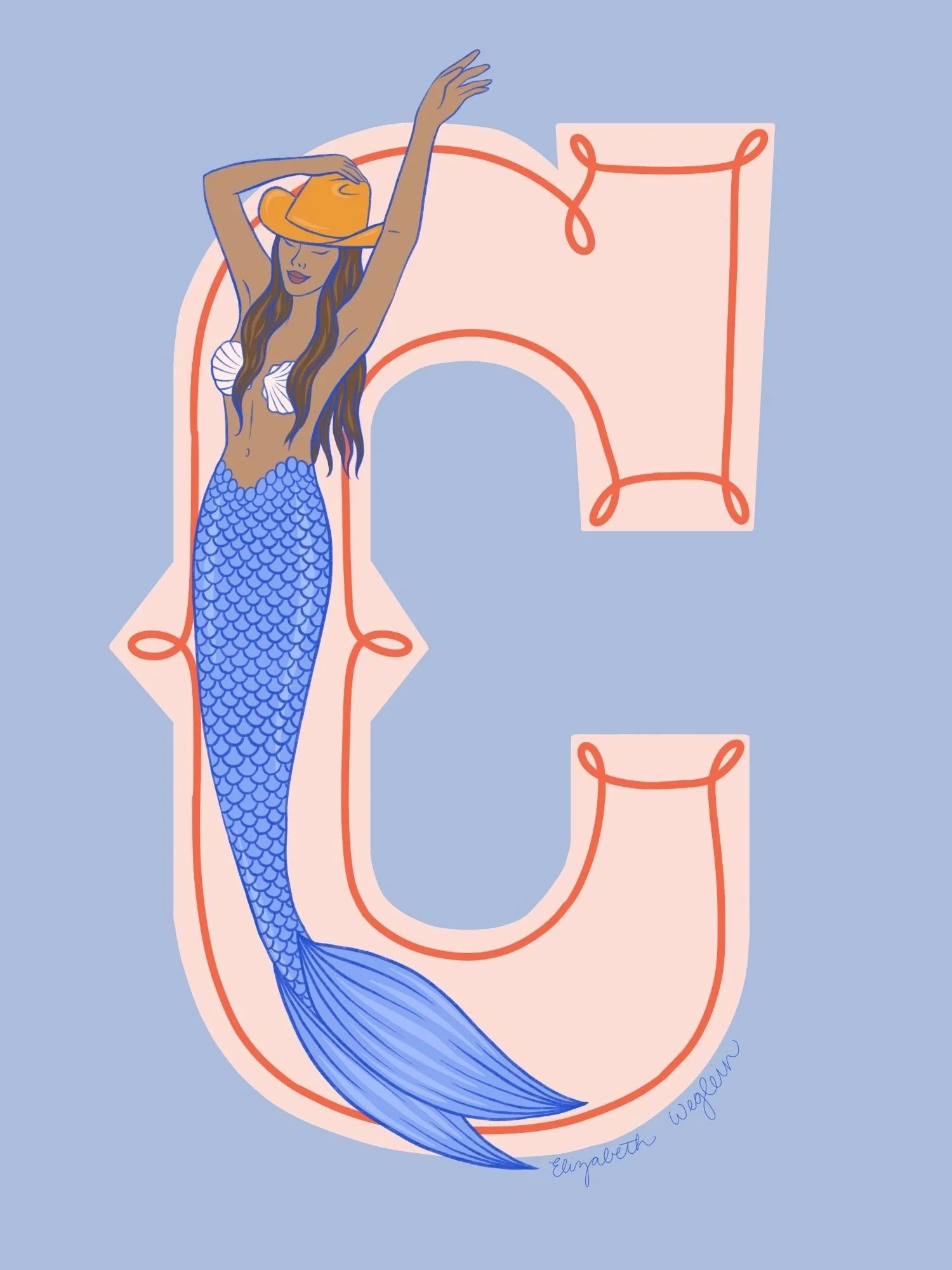 Western letter C with a mermaid in a cowboy hat