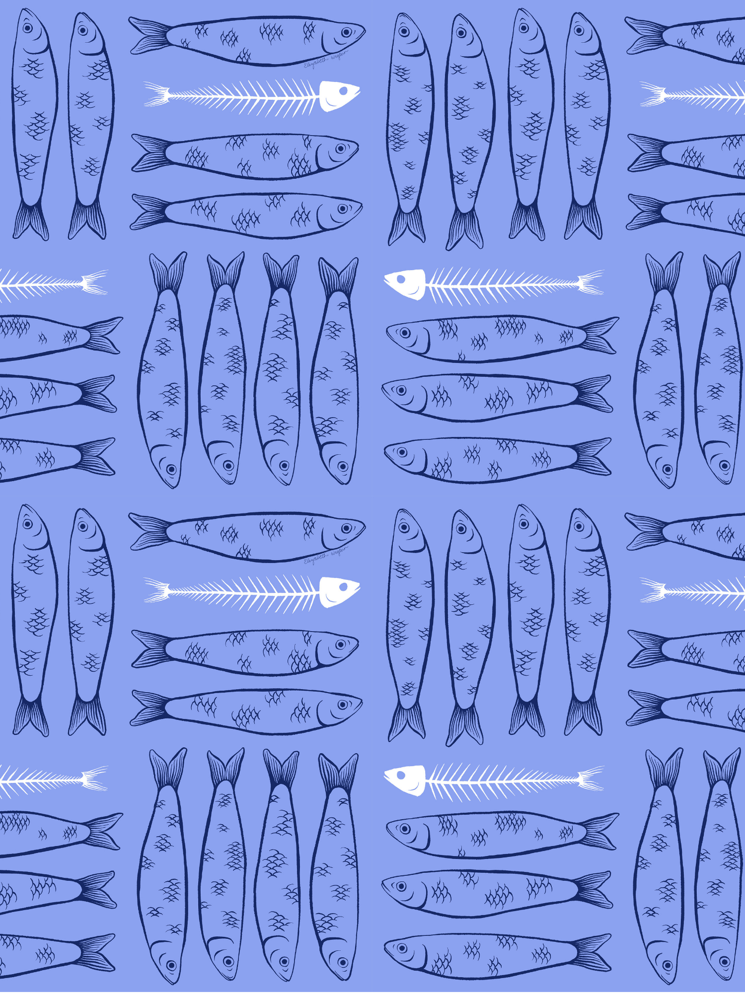 Repeat pattern on periwinkle blue background featuring navy blue sardines and white sardine skeletons