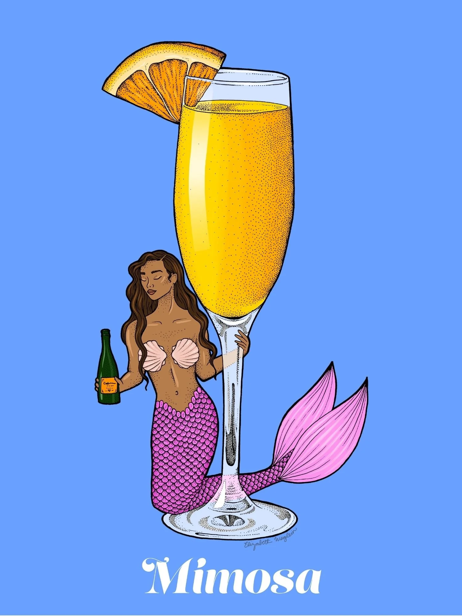 Illustration of a mermaid relaxing with a mimosa
