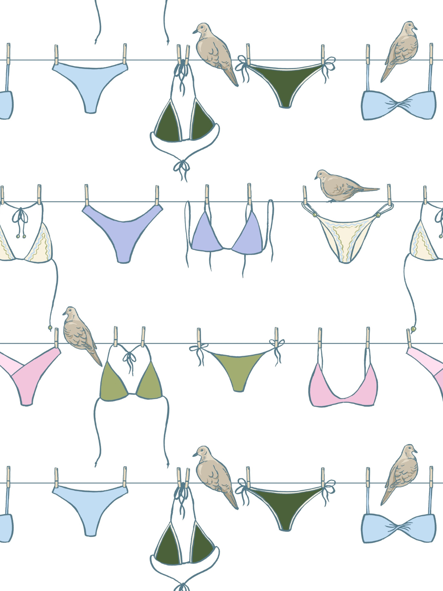 Repeat pattern of bikinis drying on a clothesline with mourning doves