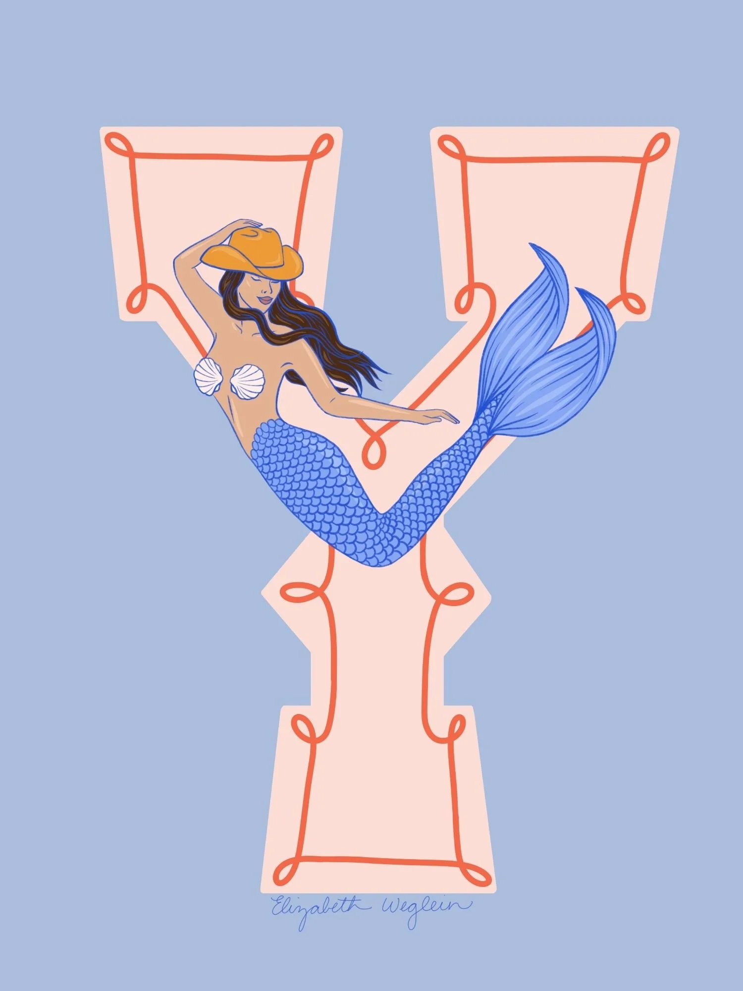 Western letter Y with a mermaid in a cowboy hat