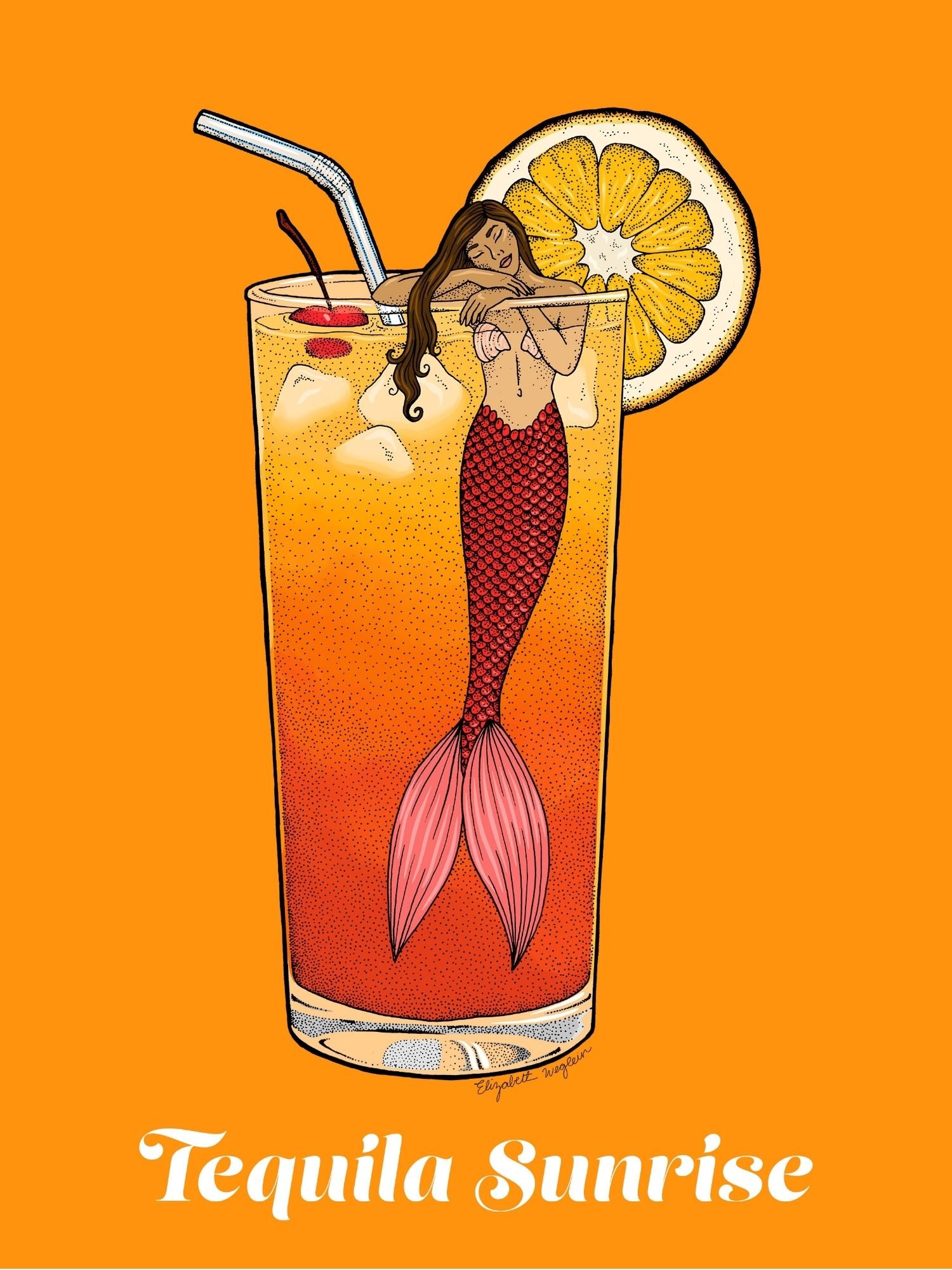 Illustration of a mermaid relaxing in a tequila sunrise