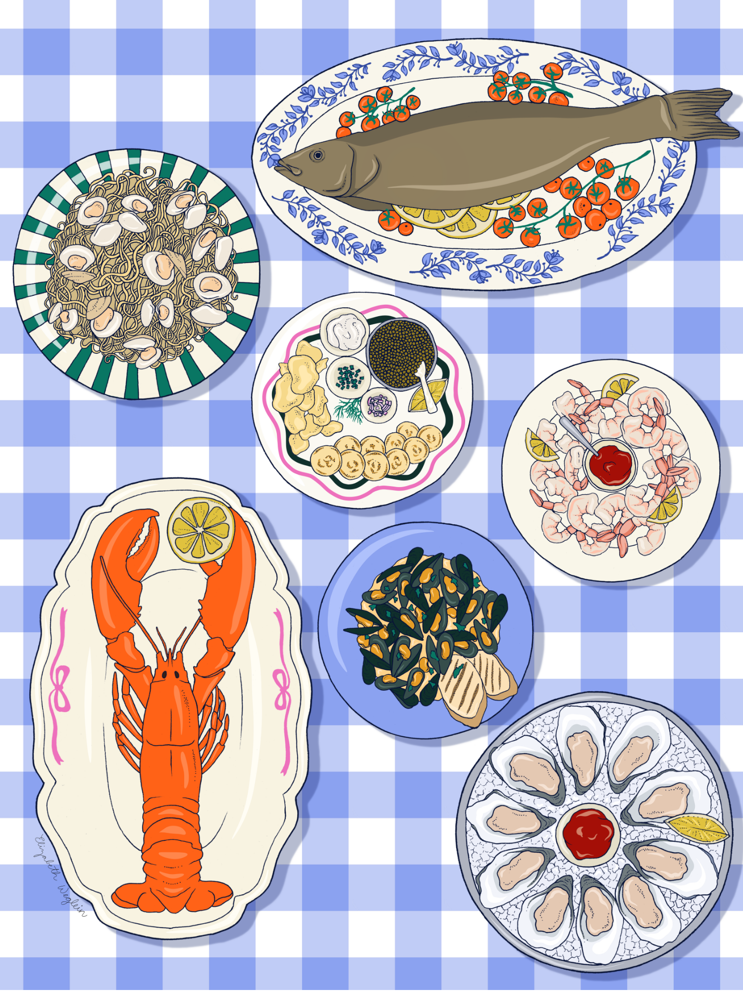 Illustration of plates of seafood dishes like oysters, shrimp, and lobster on a periwinkle gingham background