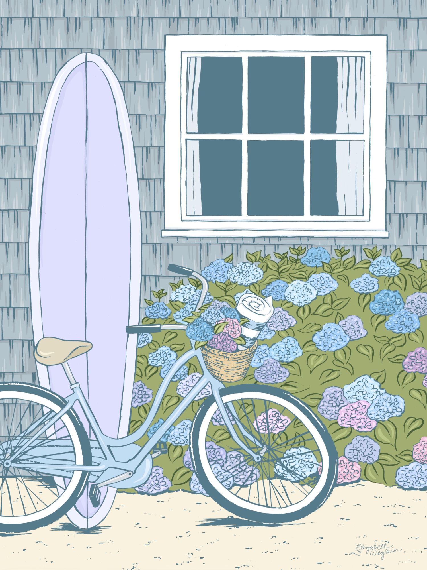Illustration of a surfboard leaning on a cedar shingle house with a hydrangea bush and beach cruiser bike