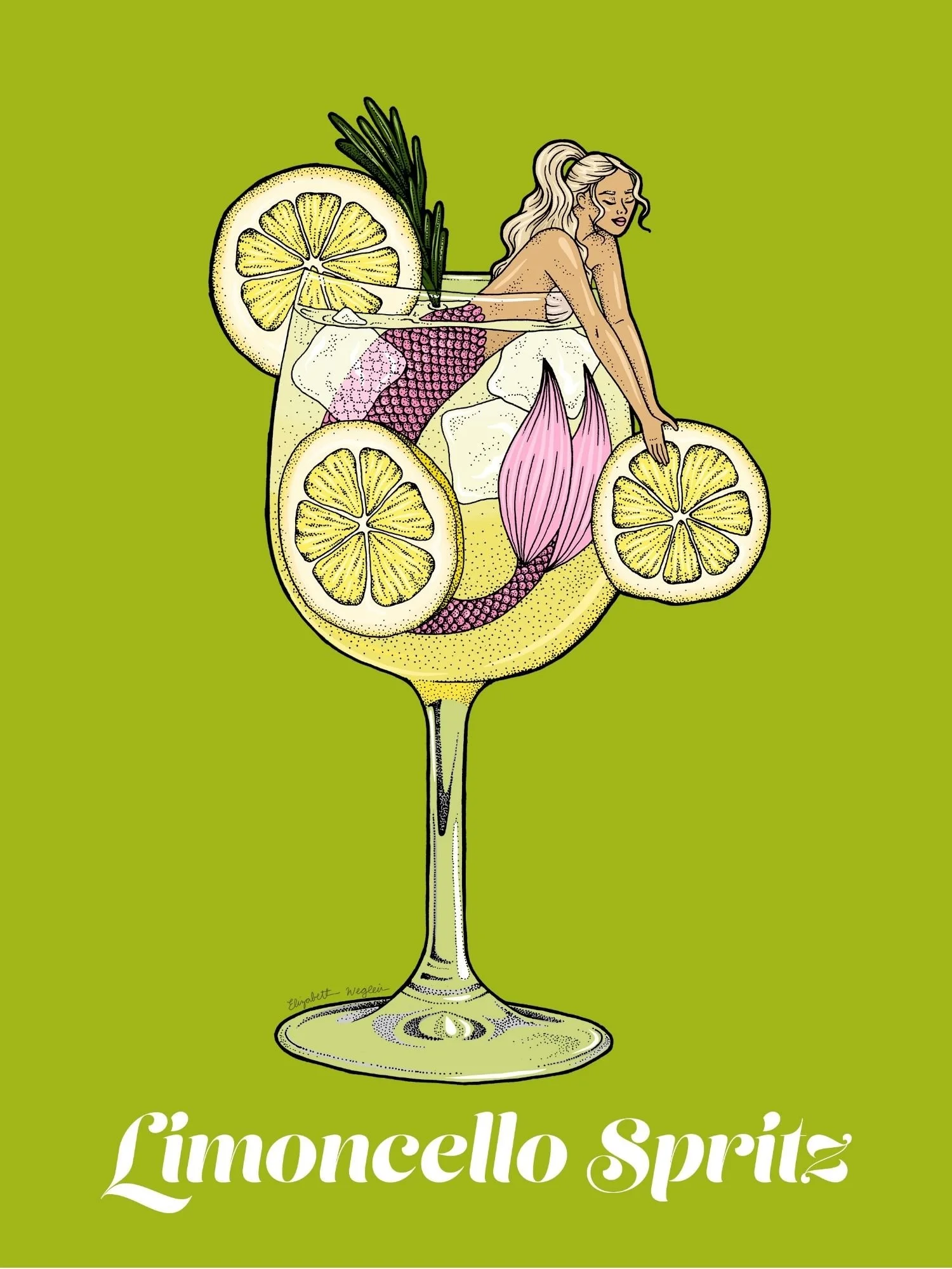 Illustration of a mermaid relaxing in a limoncello spritz