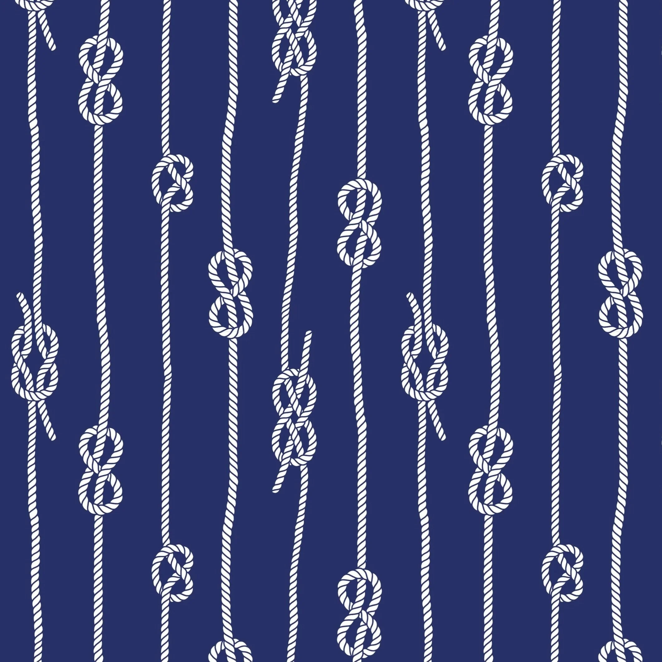 Pattern of white ropes tied in nautical knots on a navy blue background