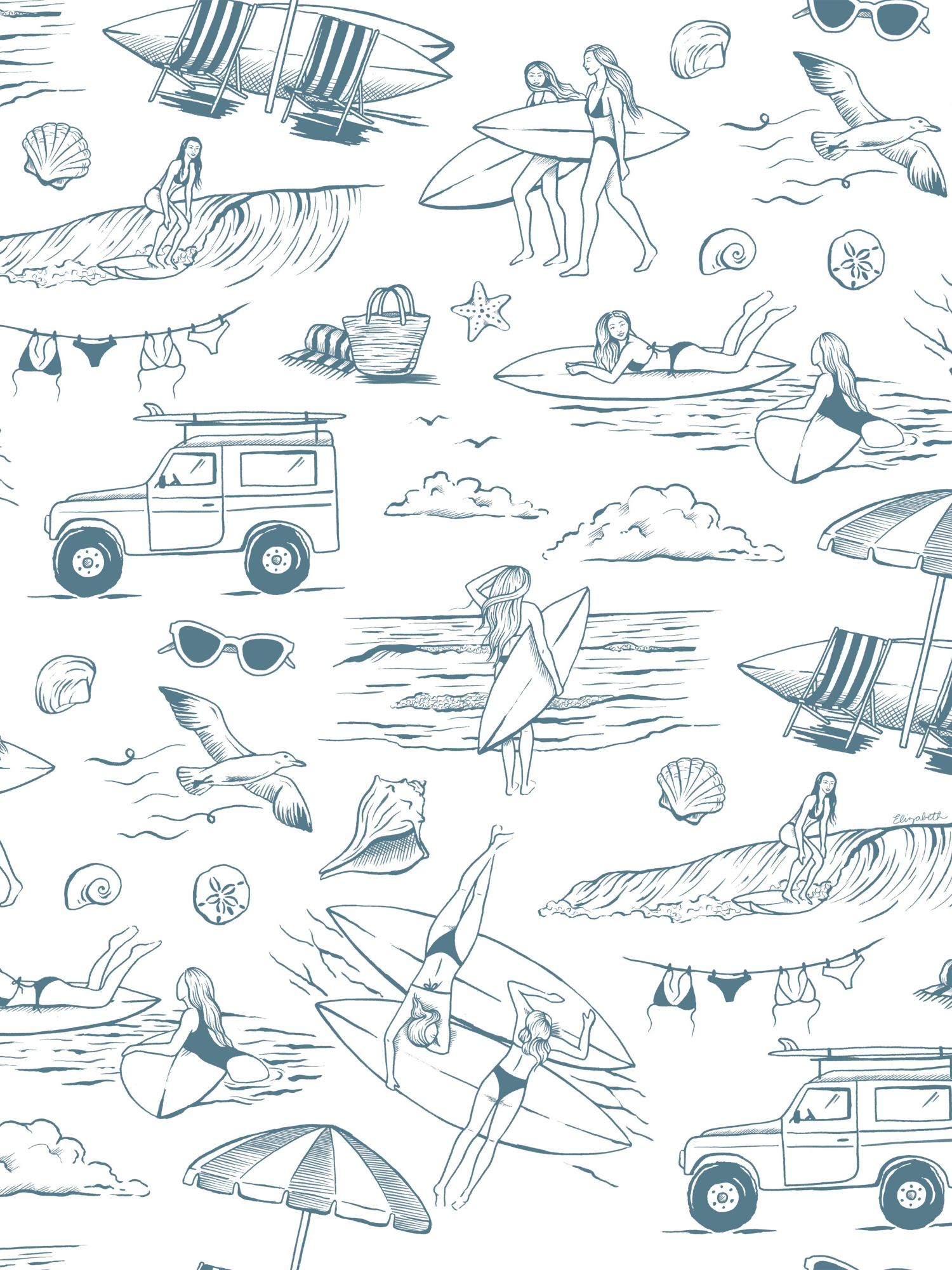 Toile-inspired blue and white pattern featuring beach scenes of girls surfing