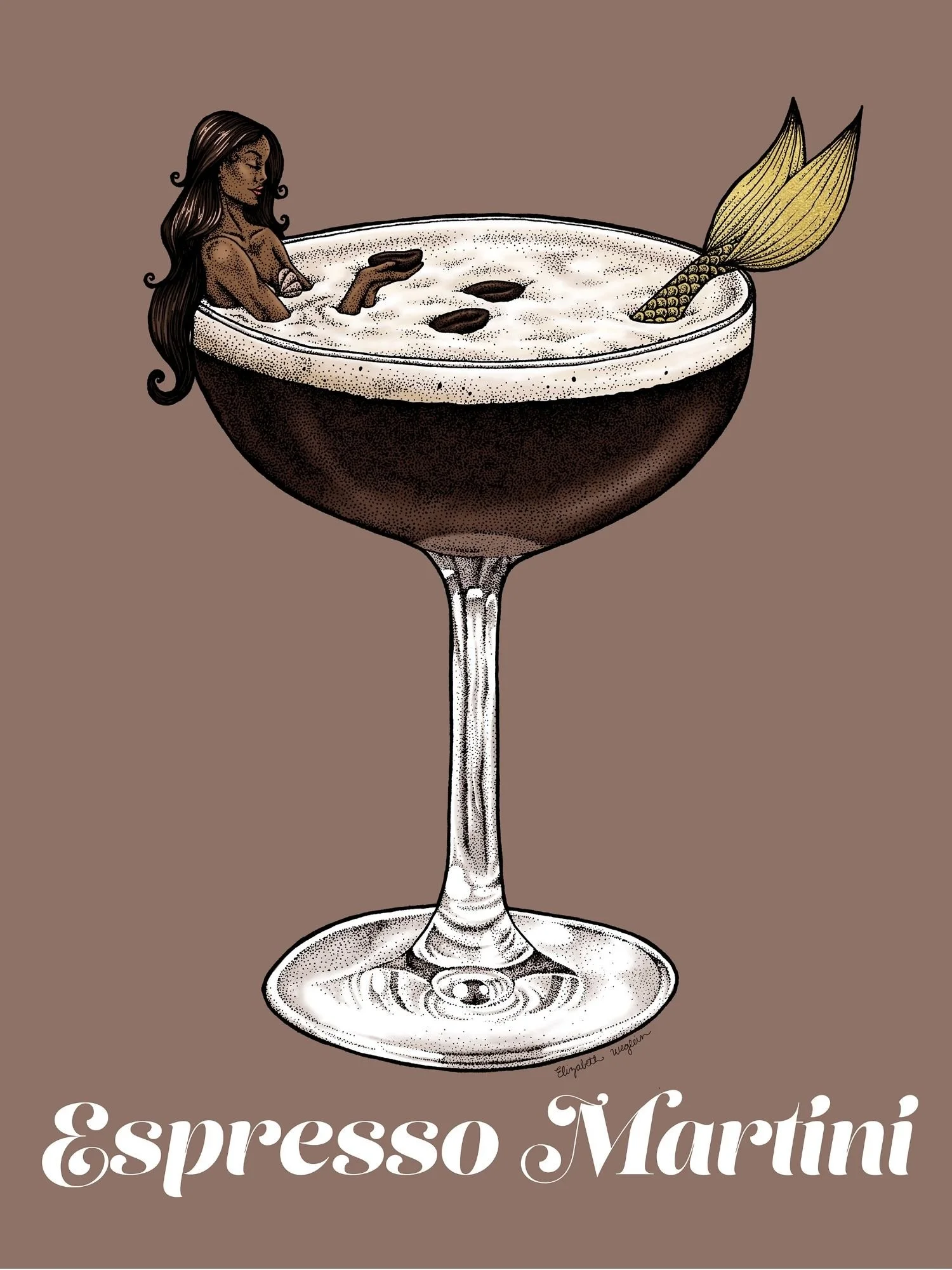 Illustration of a mermaid relaxing in an espresso martini